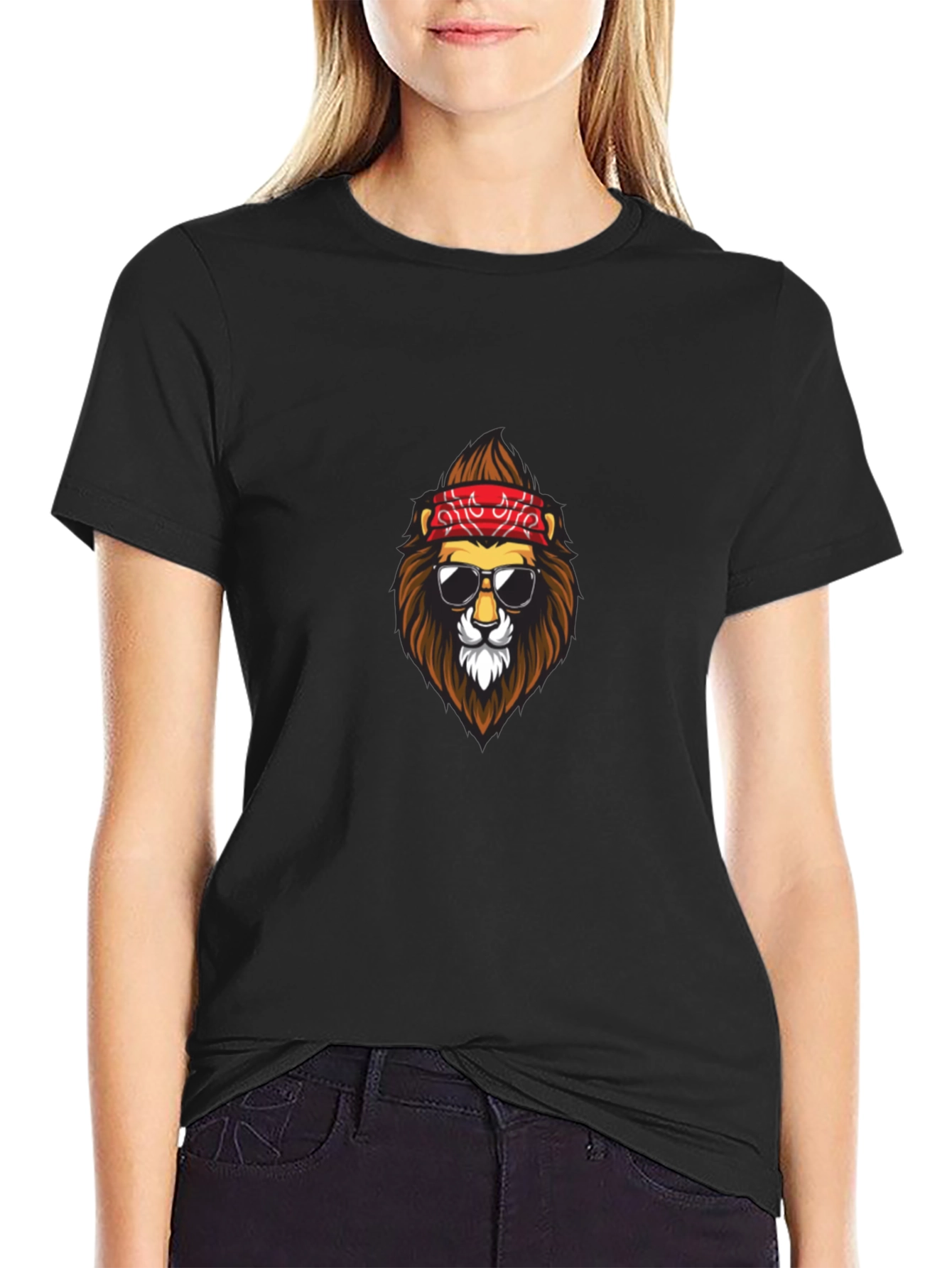 Black Cool Lion Graphic Tee - Black Crew Neck T-Shirt view 2