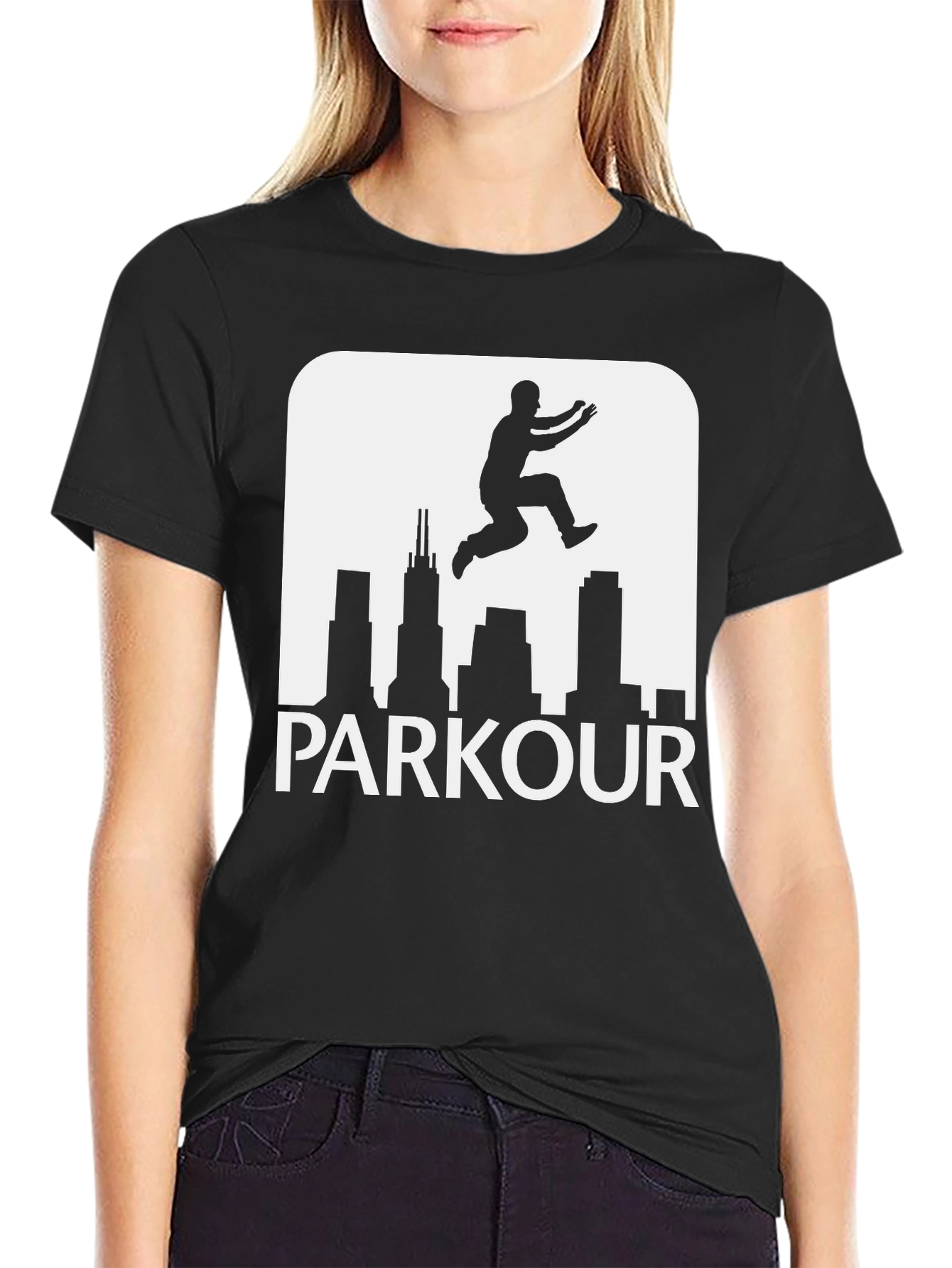 Black Parkour Chicago Skyline Black T-Shirt view 2