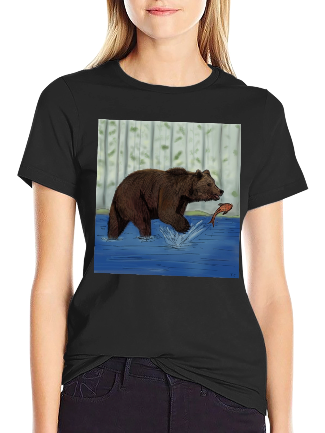 Black Bear and Fish Graphic Tee - Black Cotton Blend view 2