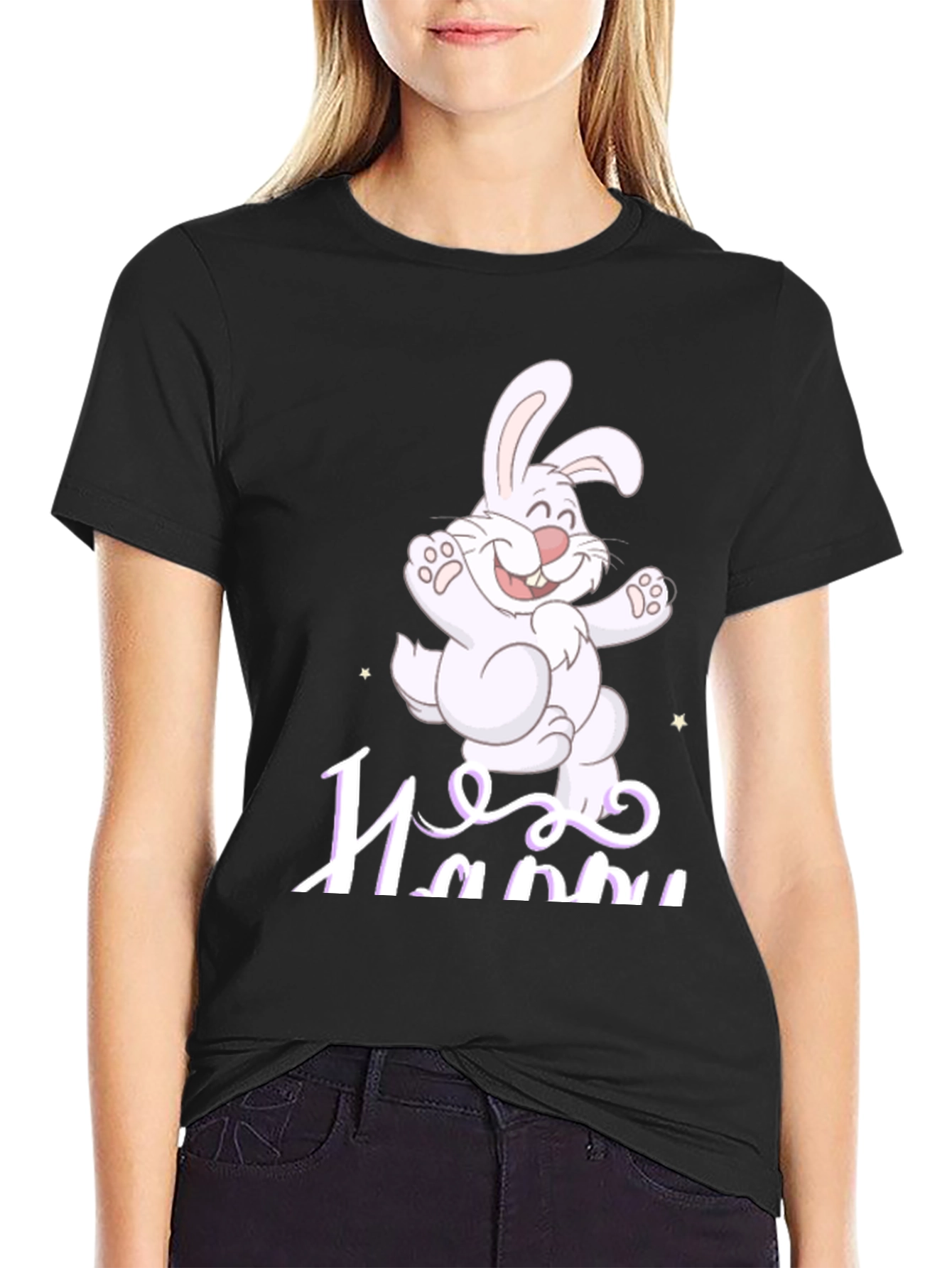 Black Happy Easter Bunny T-Shirt - Cartoon Rabbit Design view 2