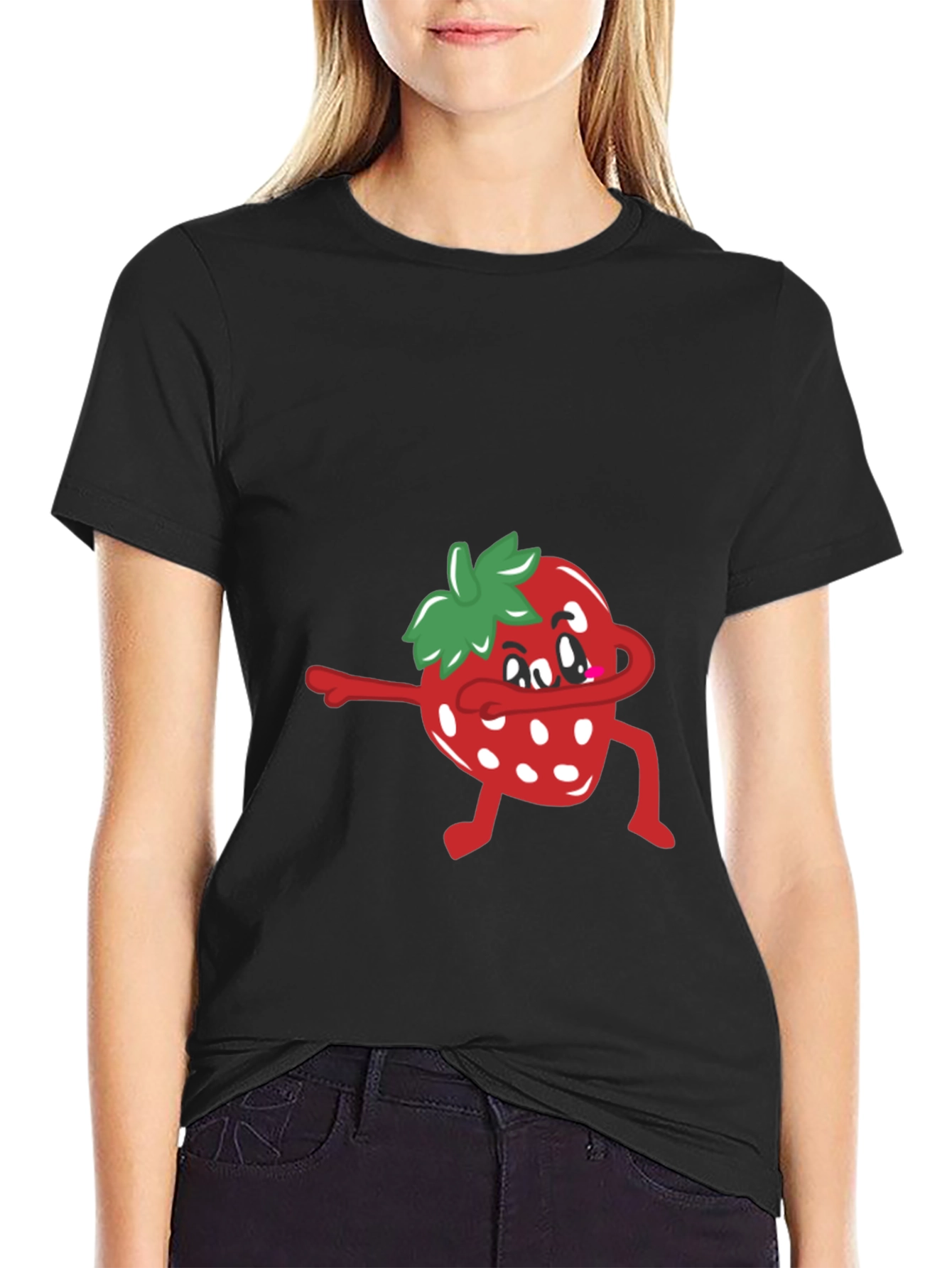 Black Dabbing Strawberry T-Shirt - Funny Fruit Tee view 2