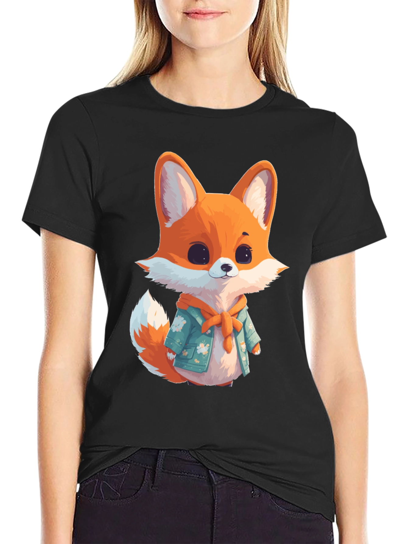 Black Cute Fox Graphic Black T-Shirt view 2