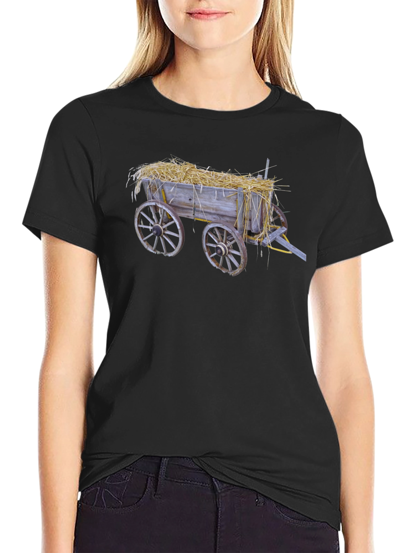 Black Hay Cart Graphic Tee - Black Cotton T-Shirt view 2