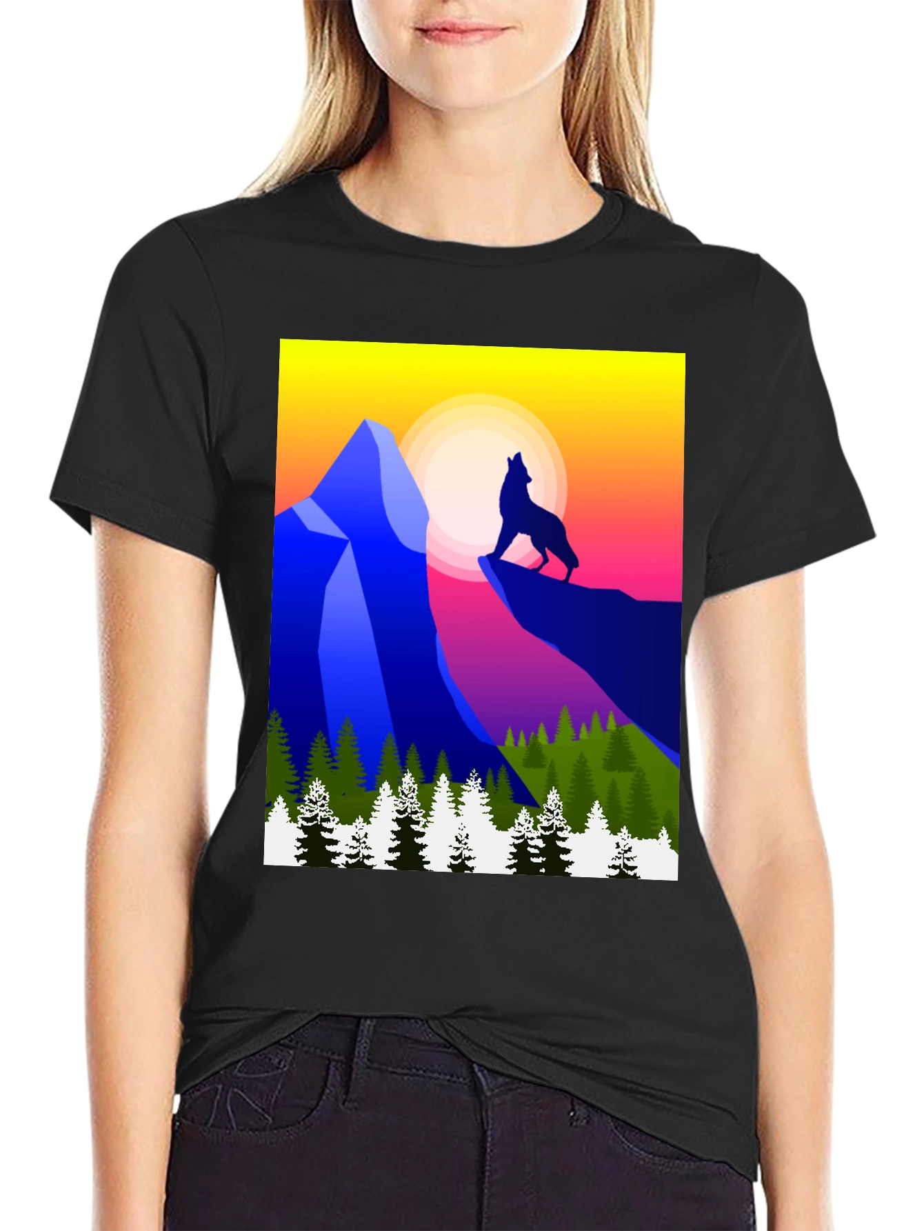 Black Wolf Mountain Graphic Tee - Stylish Black T-Shirt view 2