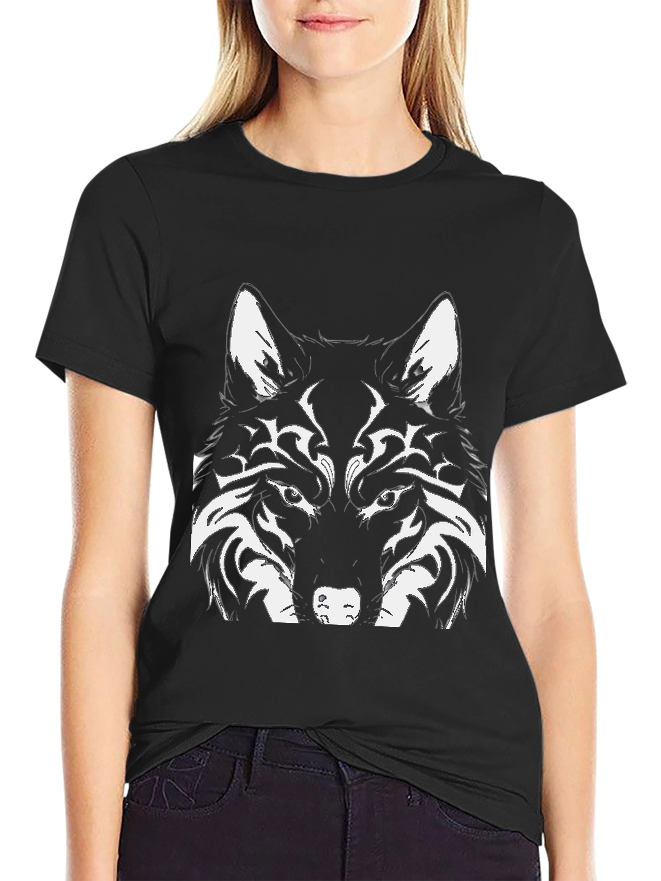 Black Wolf Graphic Print Black T-Shirt view 2