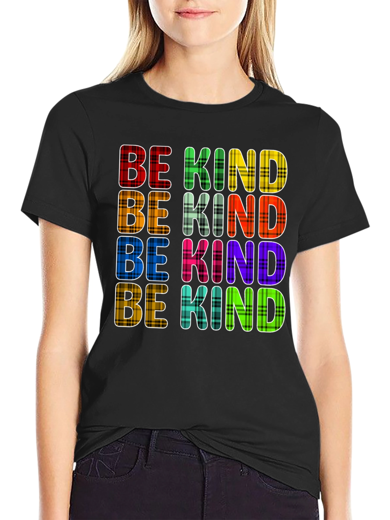 Black Be Kind Plaid T-Shirt - Trendy Graphic Tee view 2