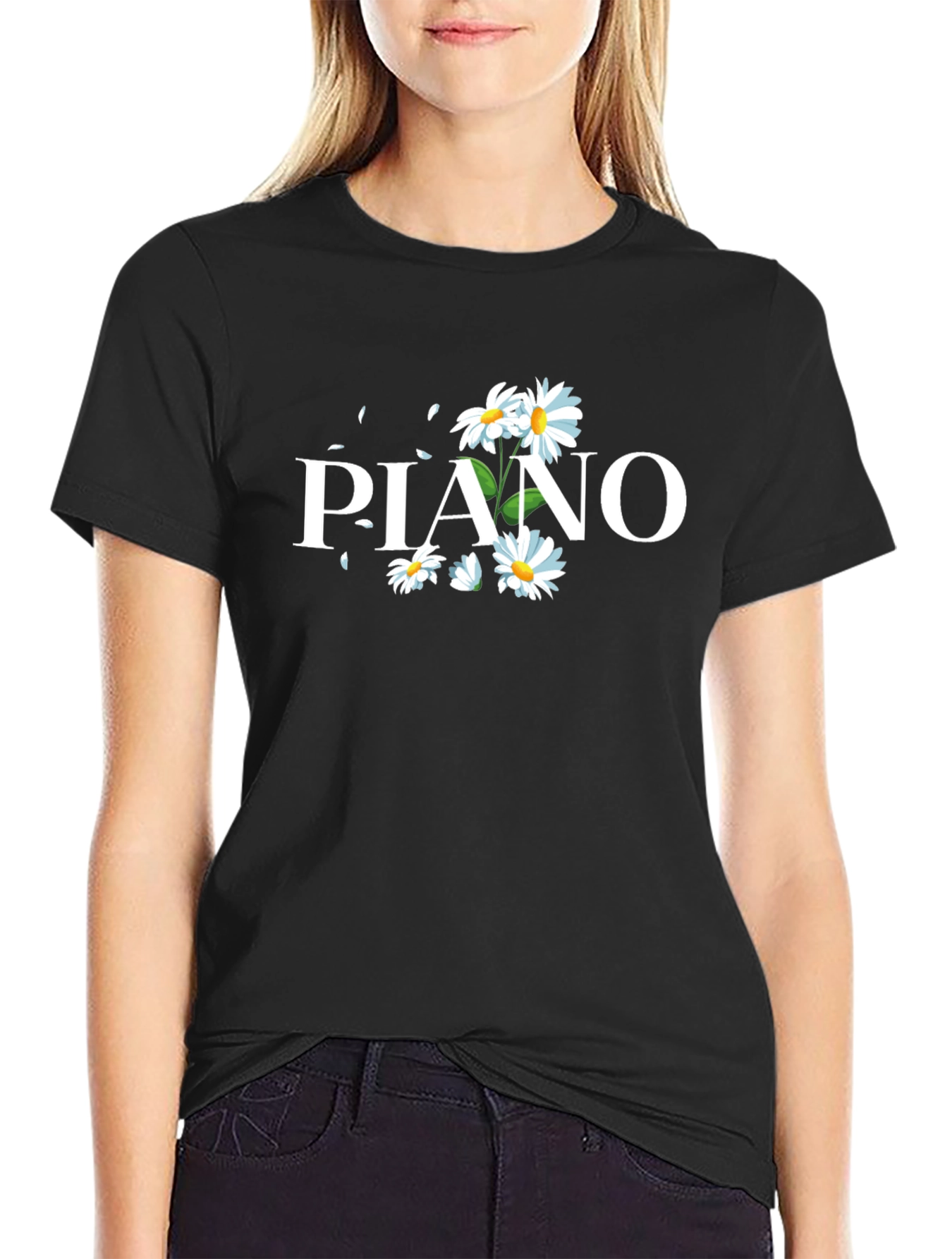 Black Floral Piano T-Shirt - Black Cotton Tee view 2