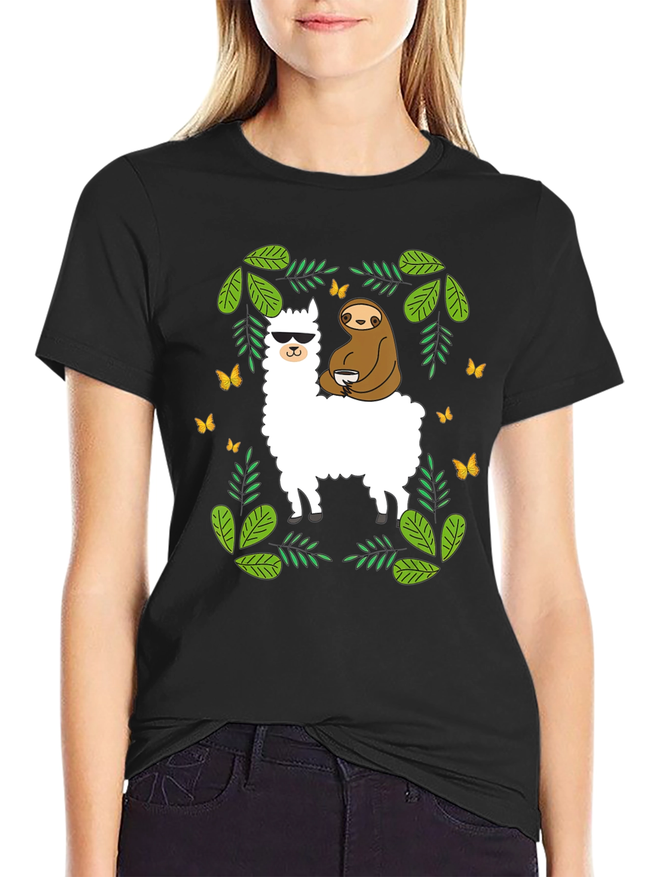 Black Llama Sloth Graphic T-Shirt - Cool & Comfy Tee view 2
