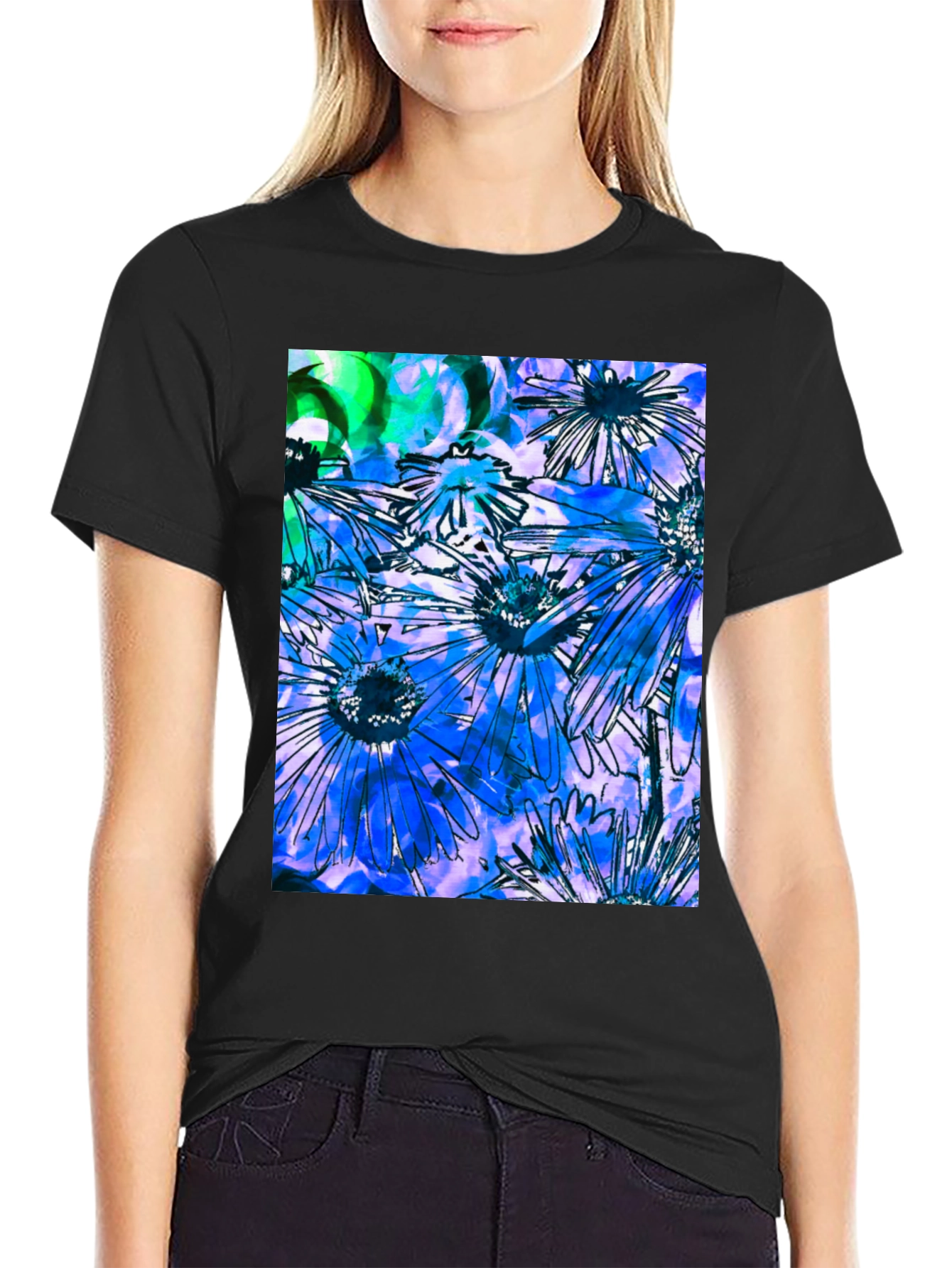 Black Floral Burst Graphic Tee - Black Cotton Blend view 2