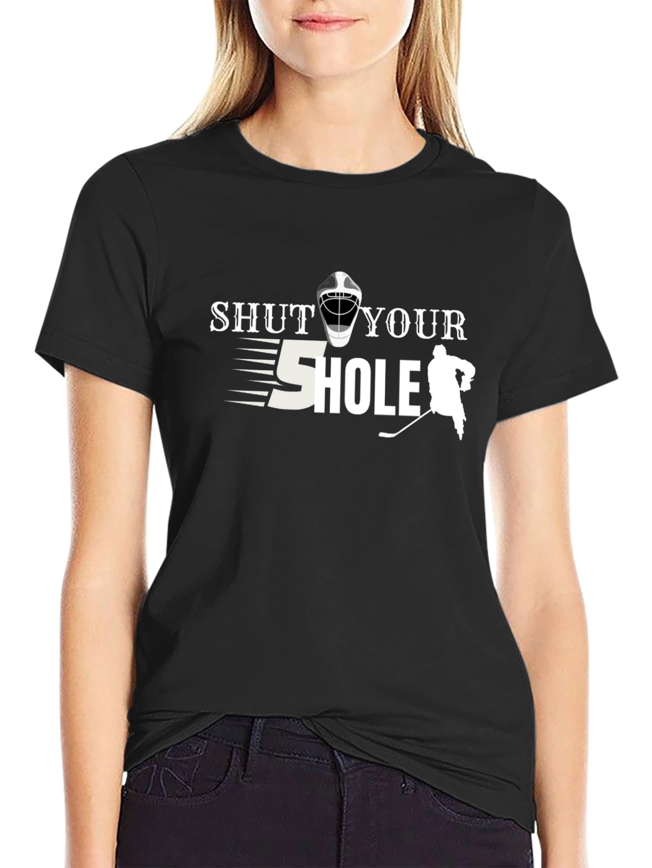 Black Shut Your 5 Hole Hockey T-Shirt - Funny Graphic Tee view 2
