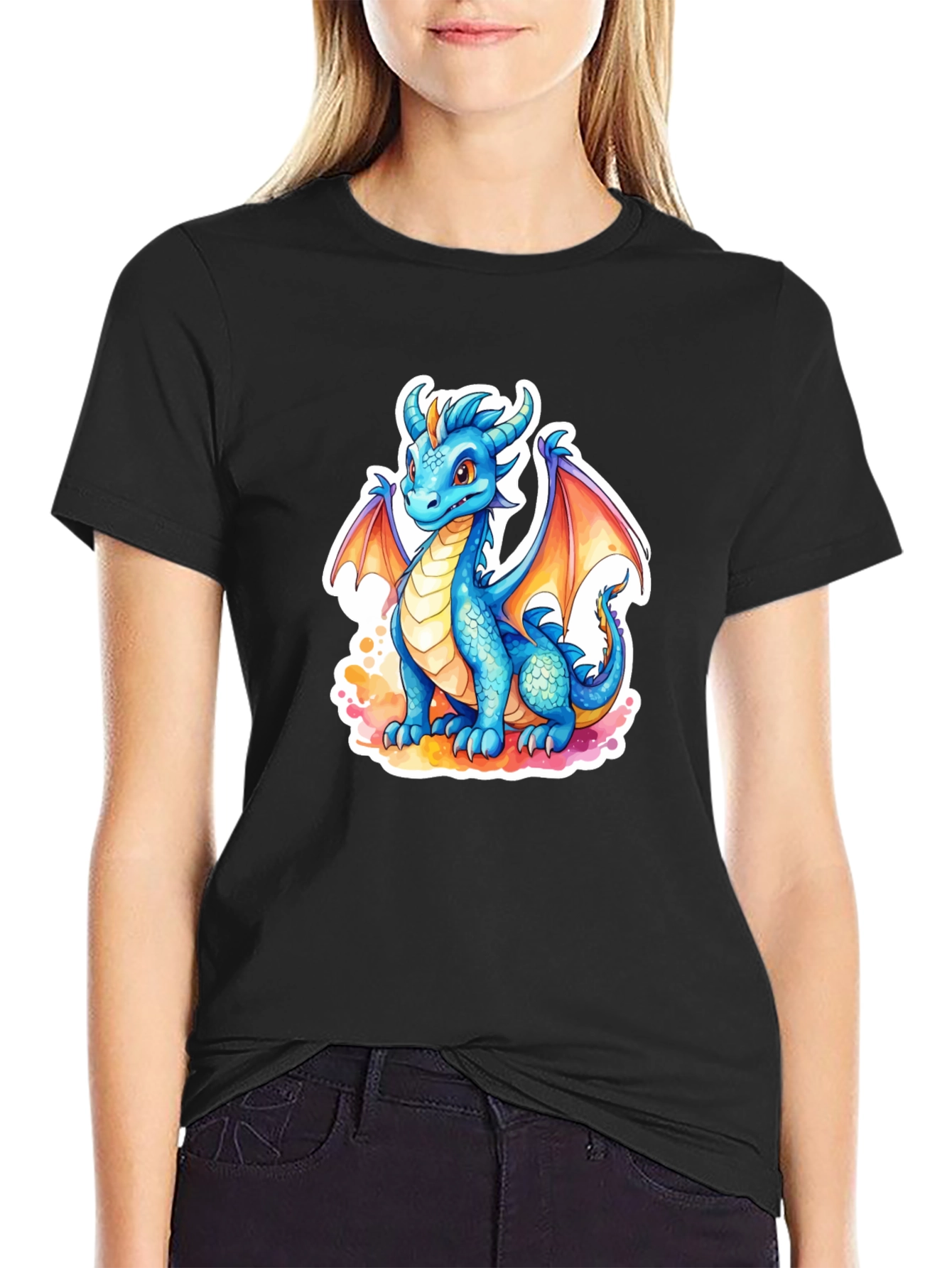 Black Cute Blue Dragon Graphic Tee - Fantasy T-Shirt view 2