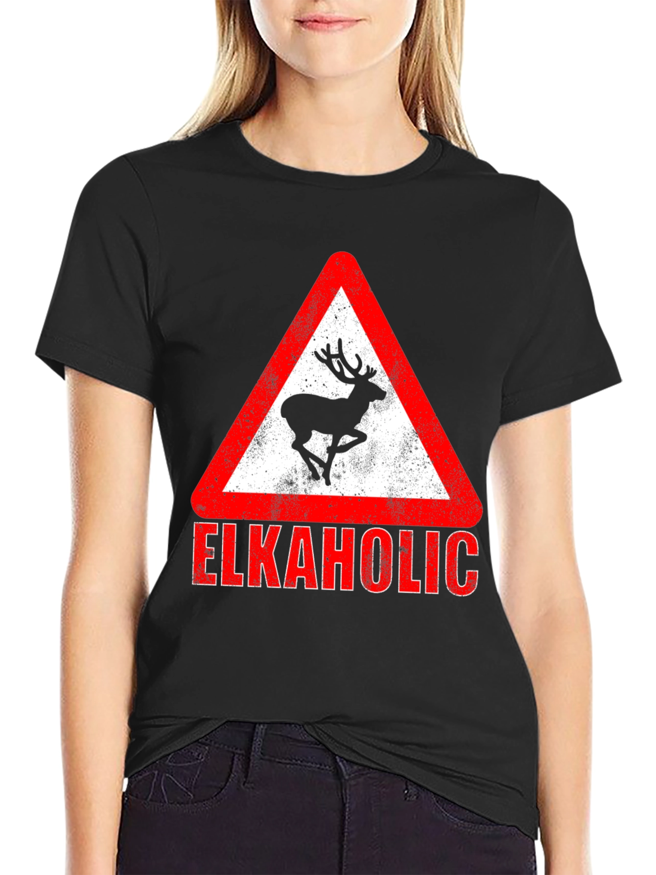 Black Elkaholic Graphic Tee - Funny Elk Warning Sign view 2
