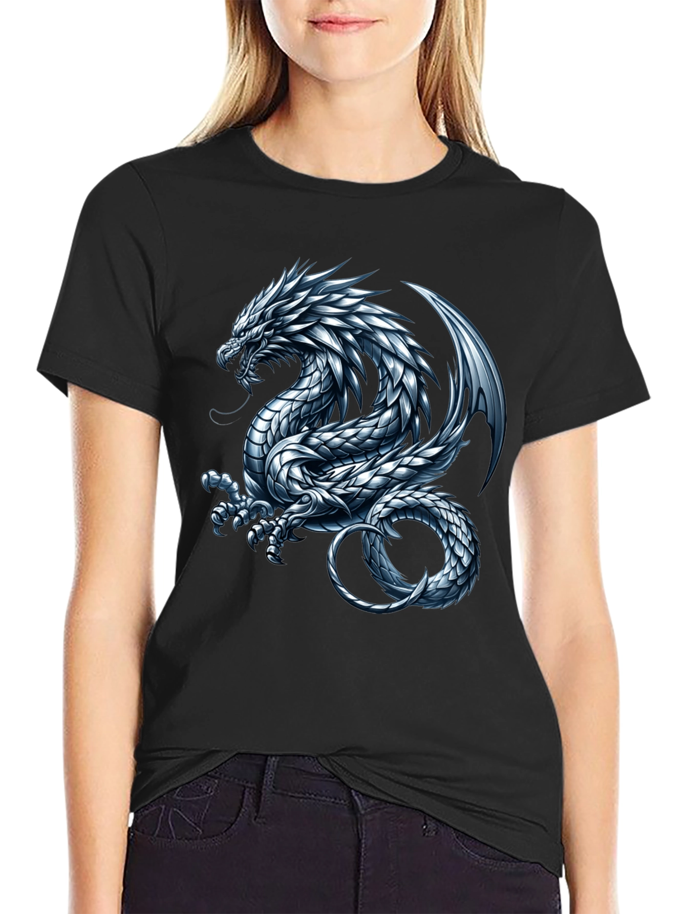 Black Black T-Shirt with Silver Dragon Graphic view 2