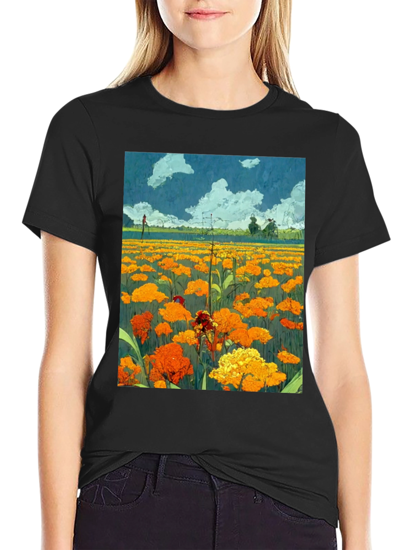 Black Floral Field Print Black T-Shirt view 2