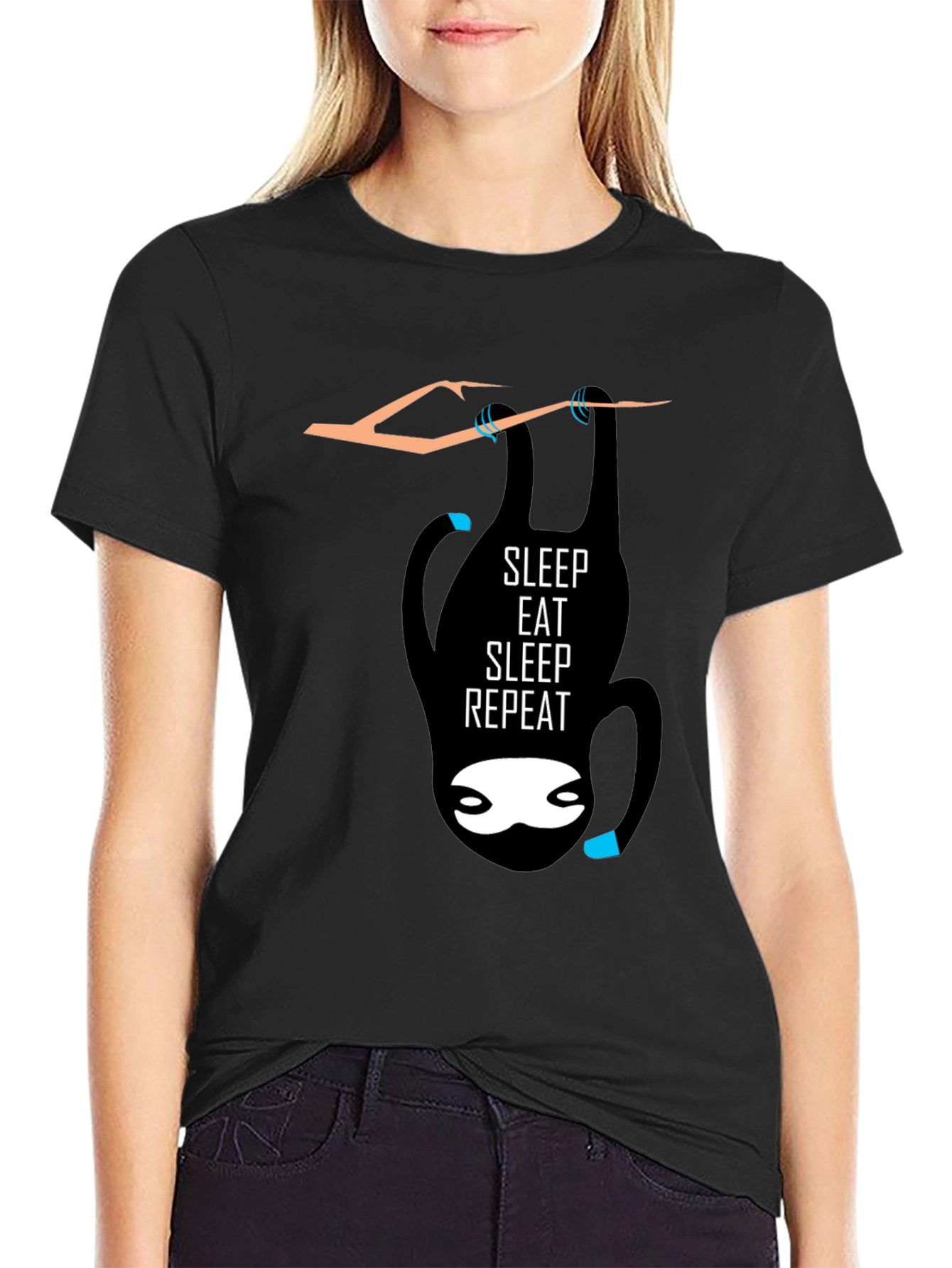Black Sleep Eat Repeat Sloth Graphic Tee - Black Cotton Casual T-Shirt view 2