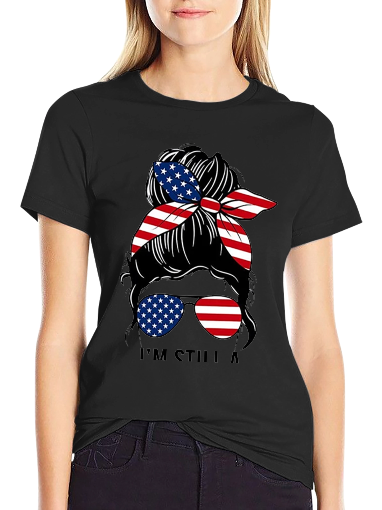 Black Patriotic Messy Bun T-Shirt - American Flag view 2