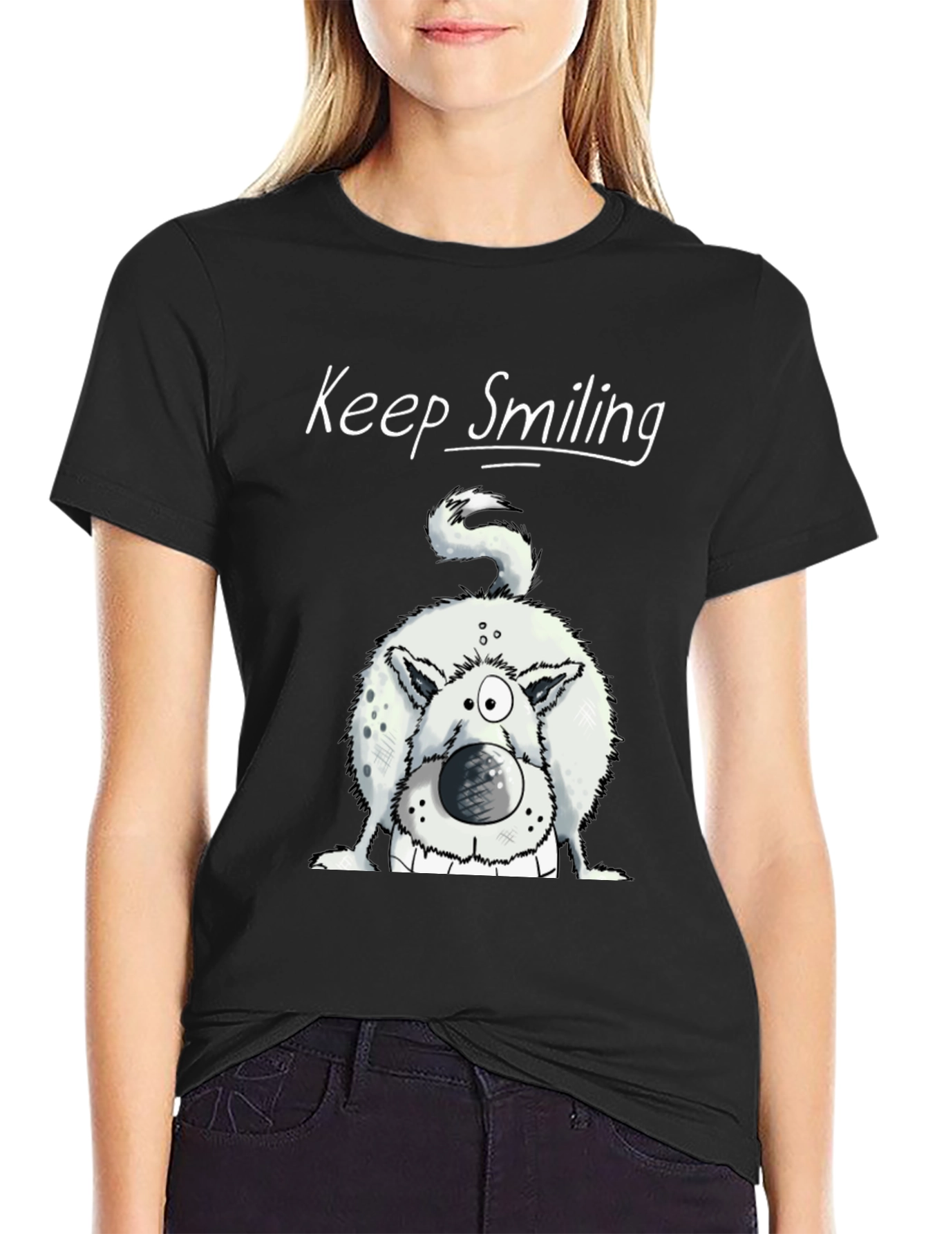 Black Keep Smiling Dog Graphic Tee - Black Cotton Shirt view 2