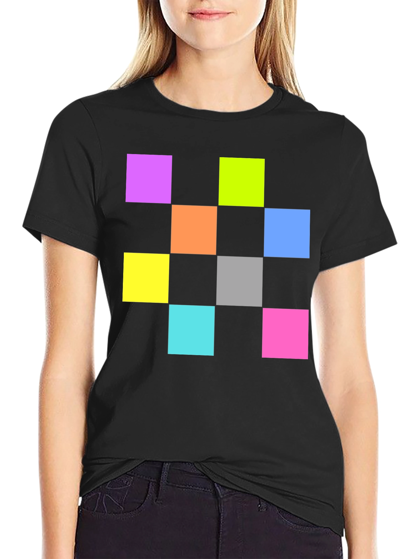 Black Colorful Squares Graphic Black T-Shirt view 2