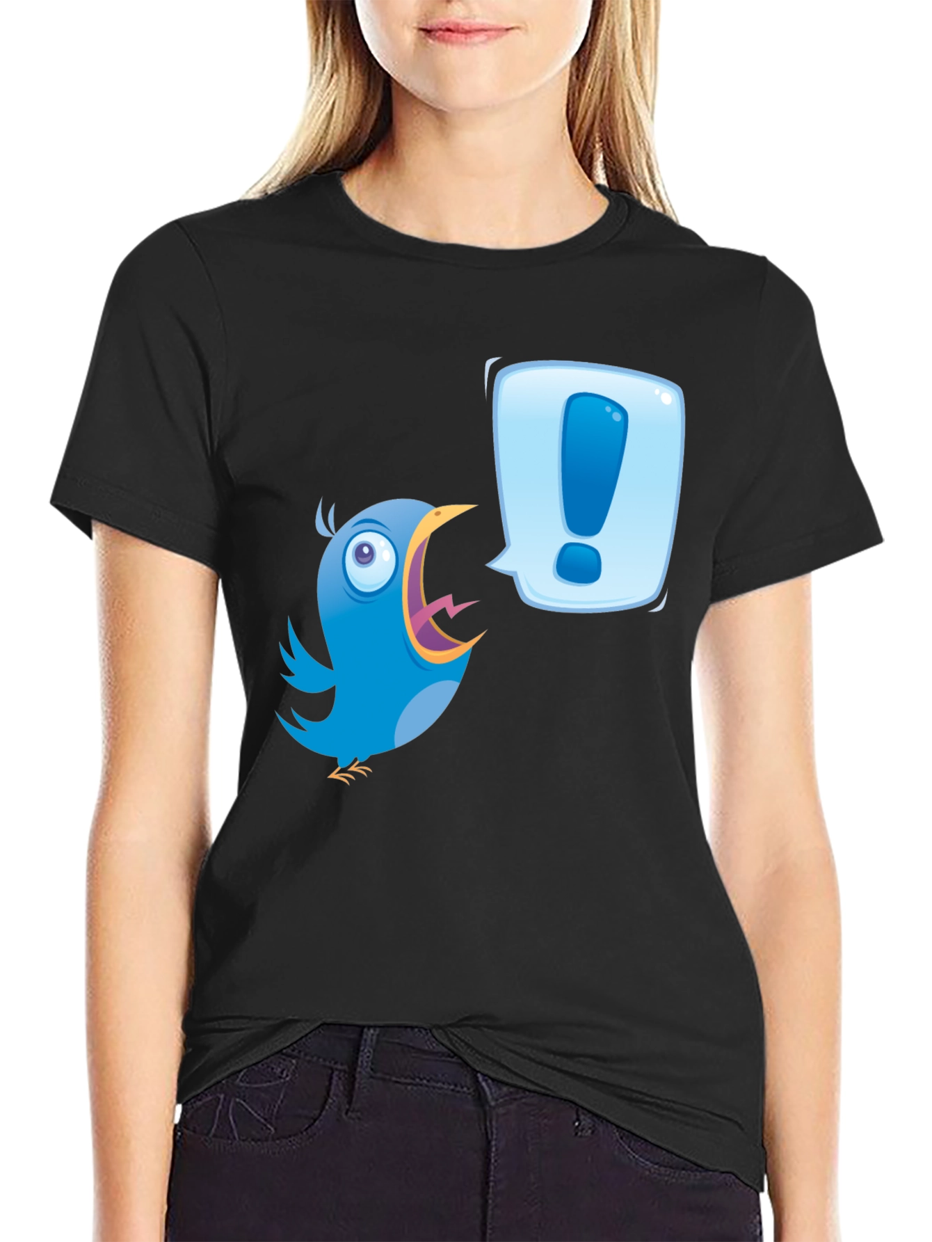 Black Cartoon Bird Exclamation T-Shirt view 2