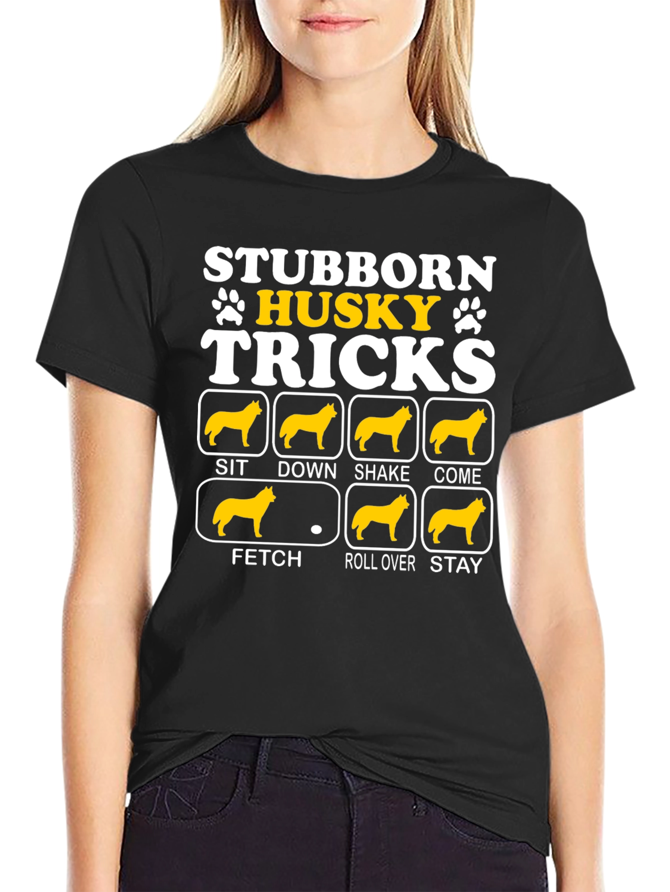 Black Stubborn Husky Tricks Graphic T-Shirt view 2