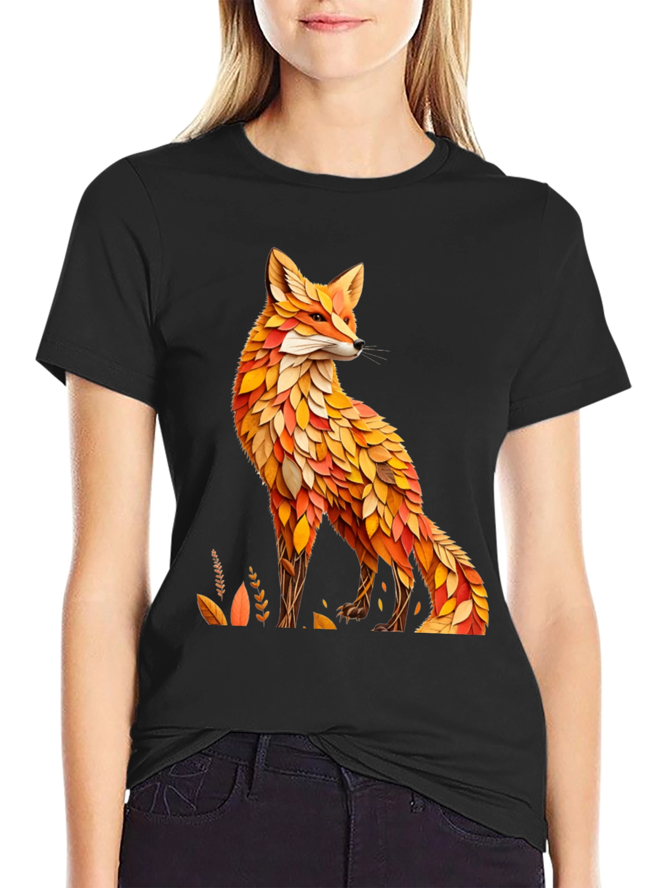Black Fox Leaf Design T-Shirt - Stylish Animal Tee view 2