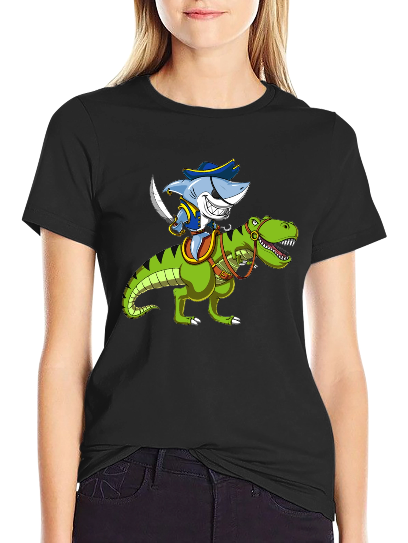 Black Shark Pirate Riding Dinosaur Graphic T-Shirt view 2