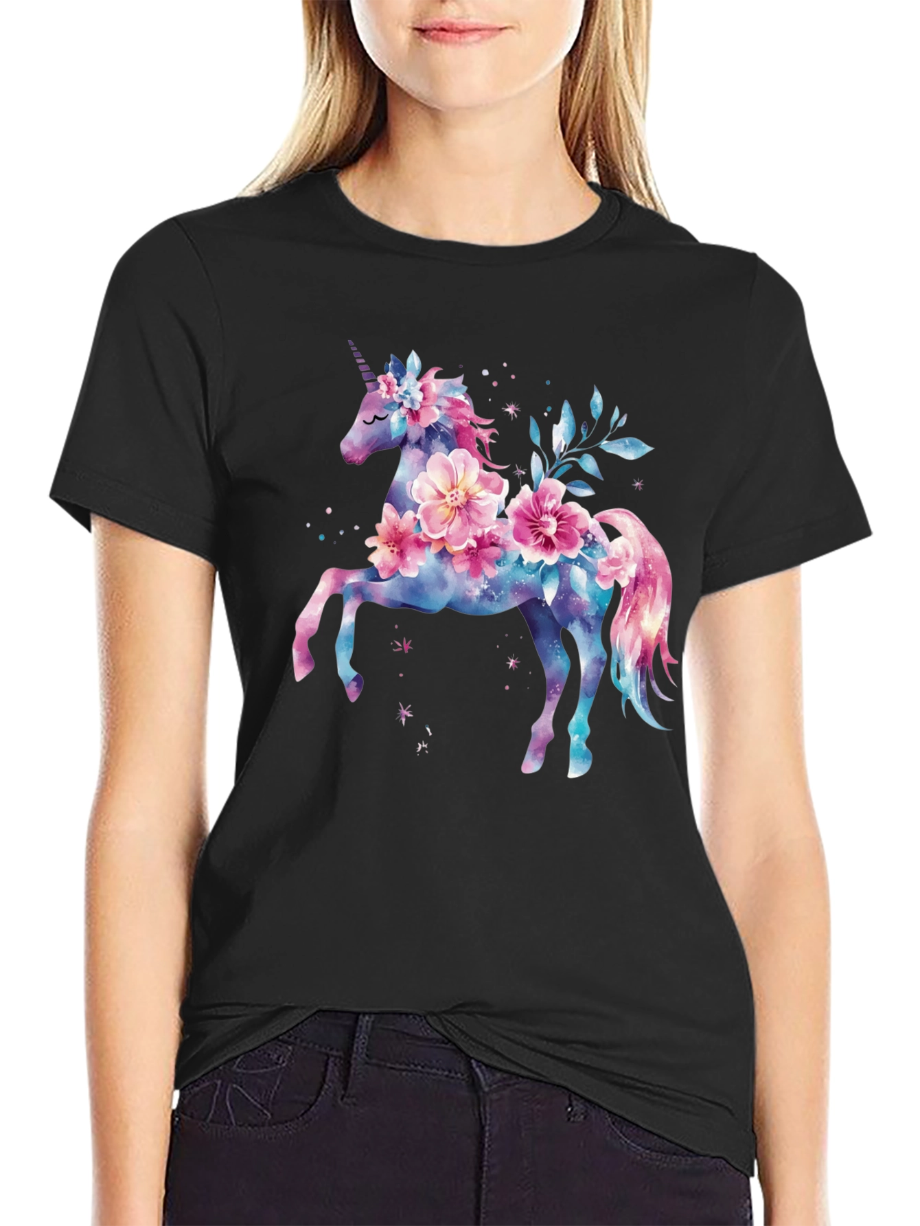 Floral Unicorn Graphic Tee - Black Cotton Blend Shirt - 2
