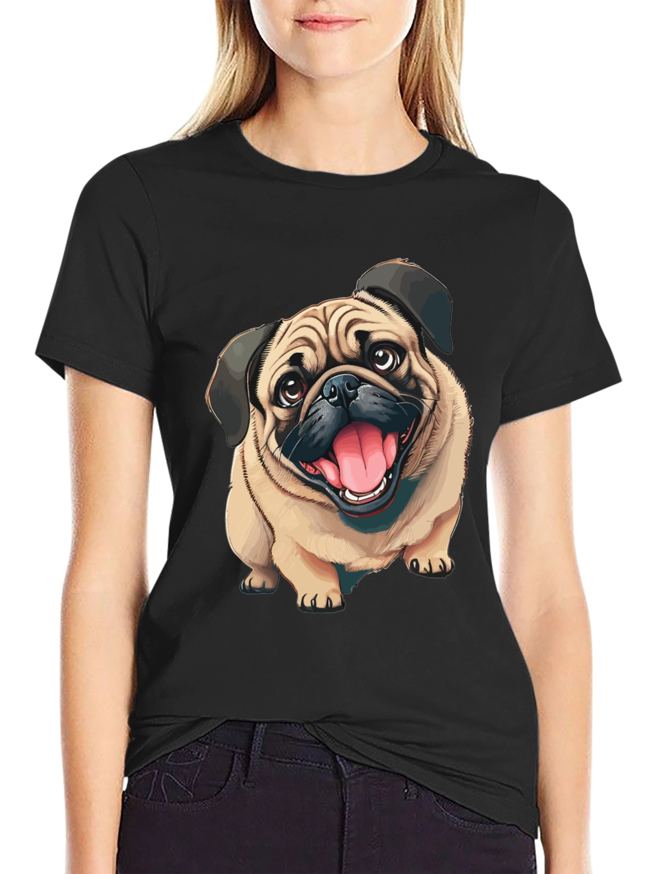 Black Pug Dog Graphic Tee - Men's Black Cotton T-Shirt view 2