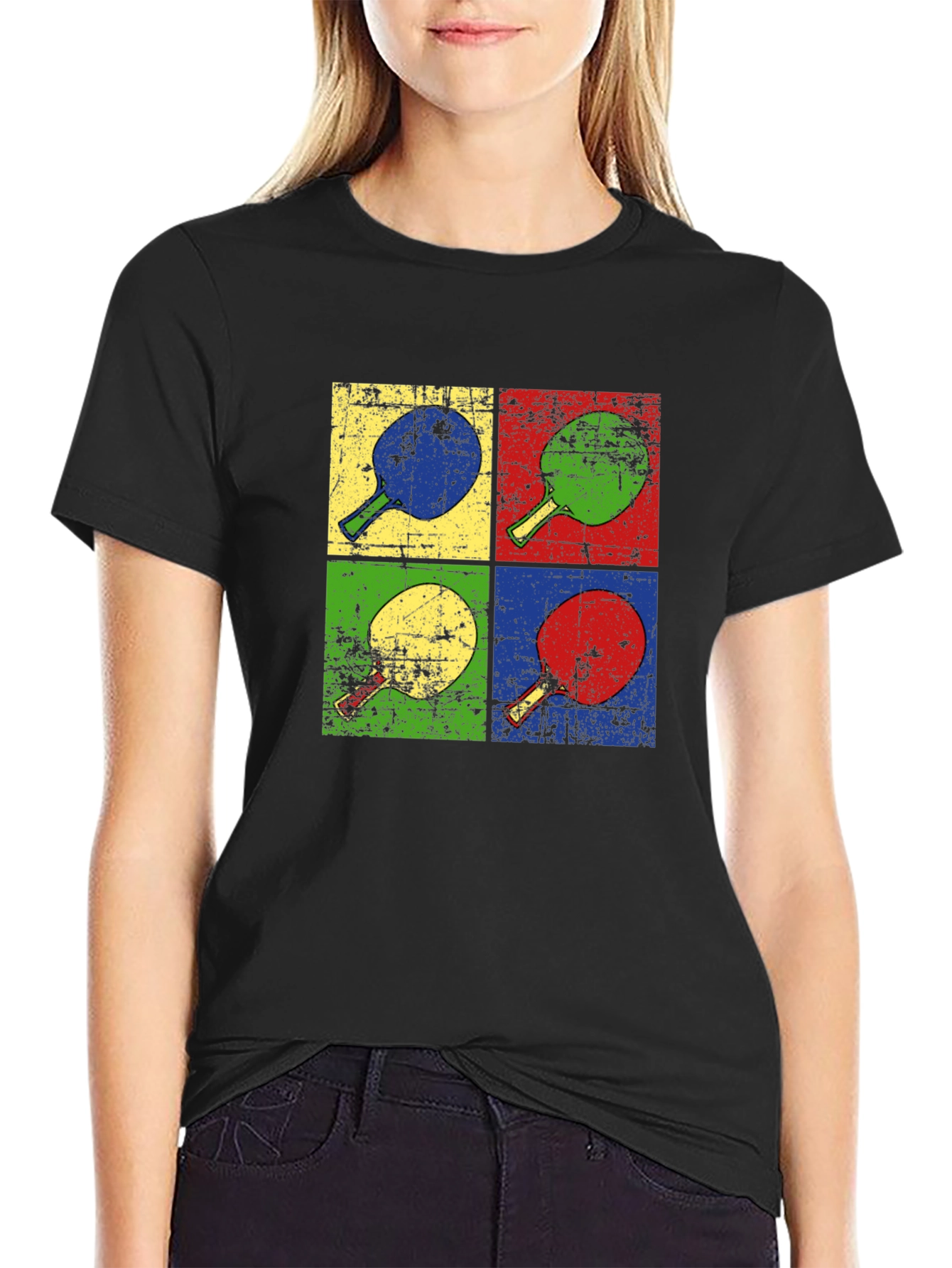 Black Retro Pop Art Ping Pong Paddle T-Shirt view 2