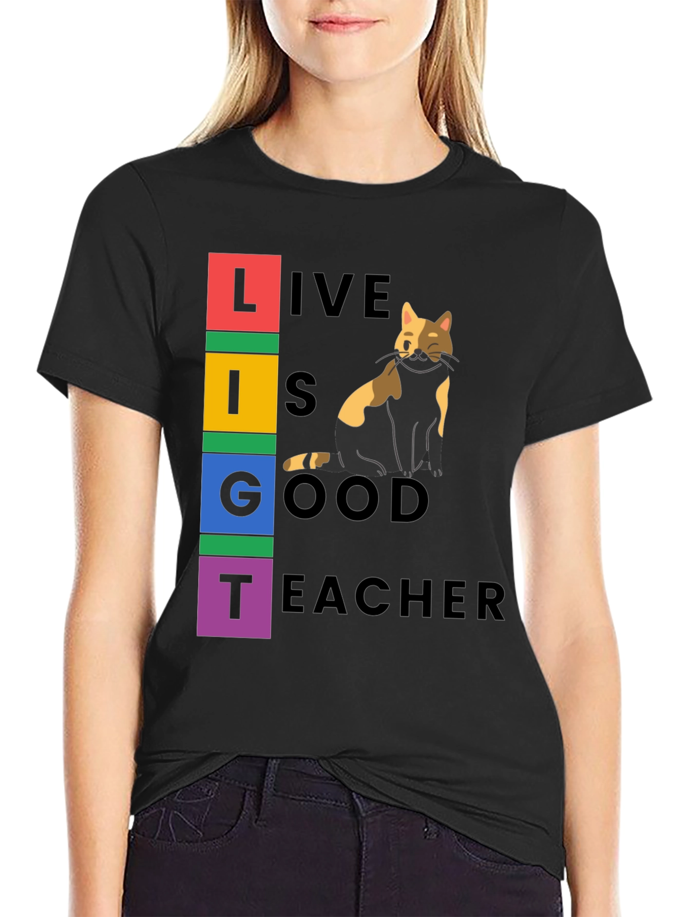 Black Live Is Good Cat Teacher Graphic Tee view 2
