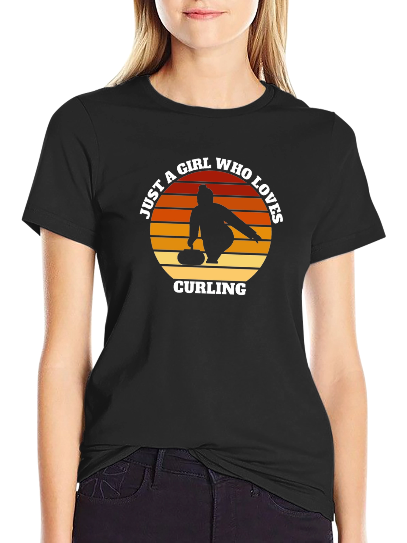Black Curling Girl T-Shirt - Just A Girl Who Loves Curling Tee view 2