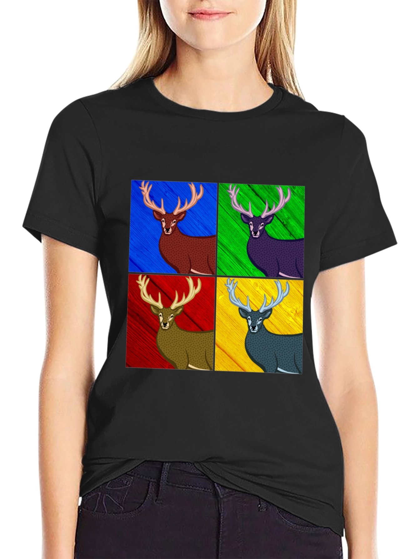 Black Pop Art Deer Graphic Tee - Black Cotton Blend view 2