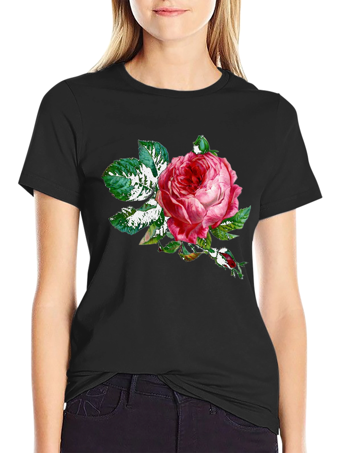 Black Rose Graphic Tee - Black Cotton T-Shirt view 2