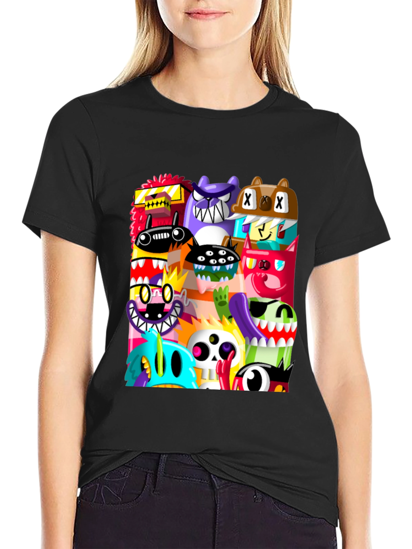 Black Monster Mash Graphic Tee - Unique Cartoon Design view 2