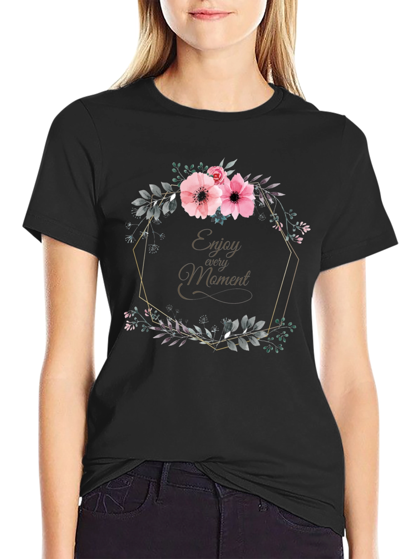 Black Floral Wreath Enjoy Every Moment Black T-Shirt view 2