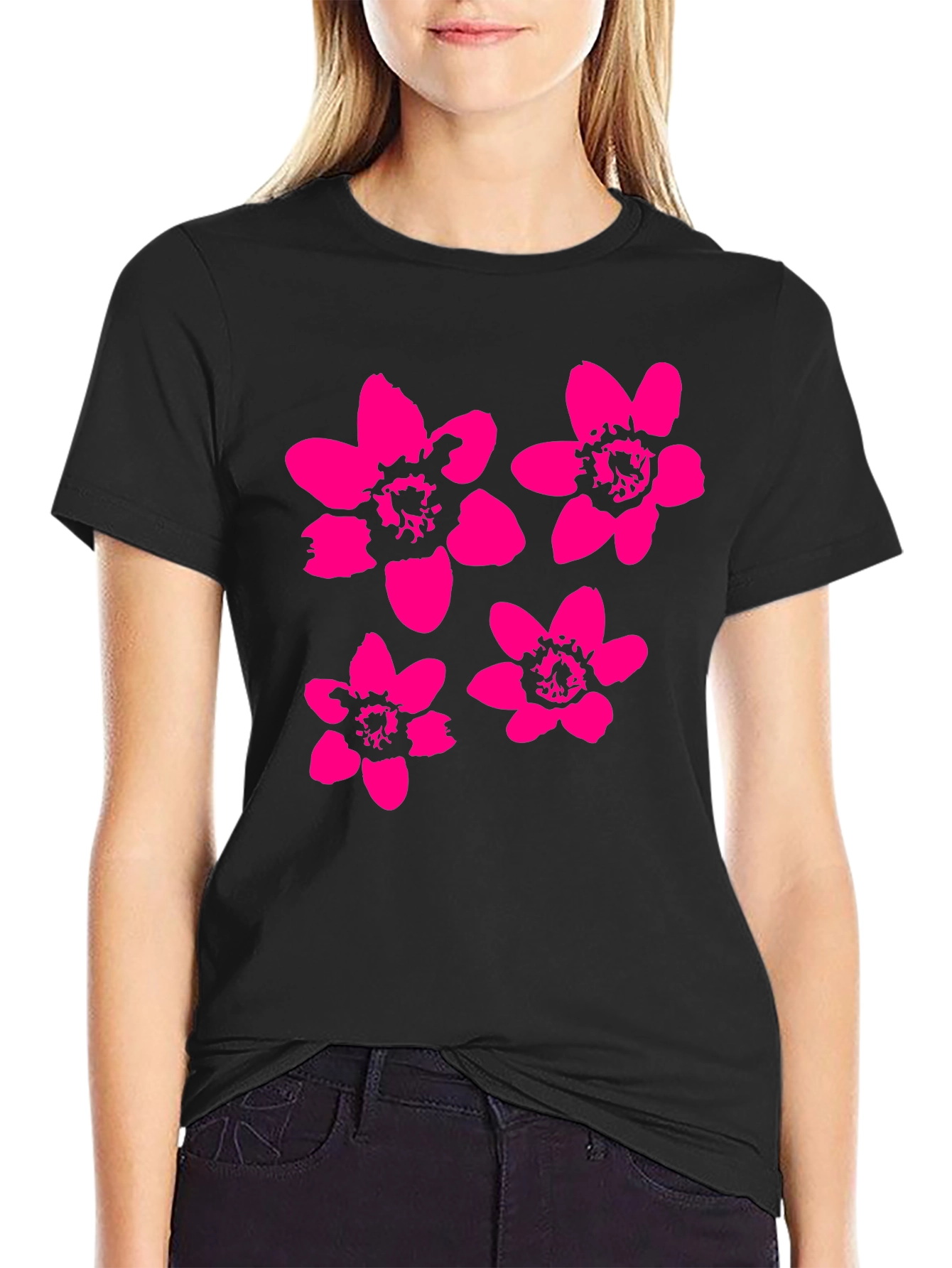 Black Black T-Shirt with Pink Flower Print view 2