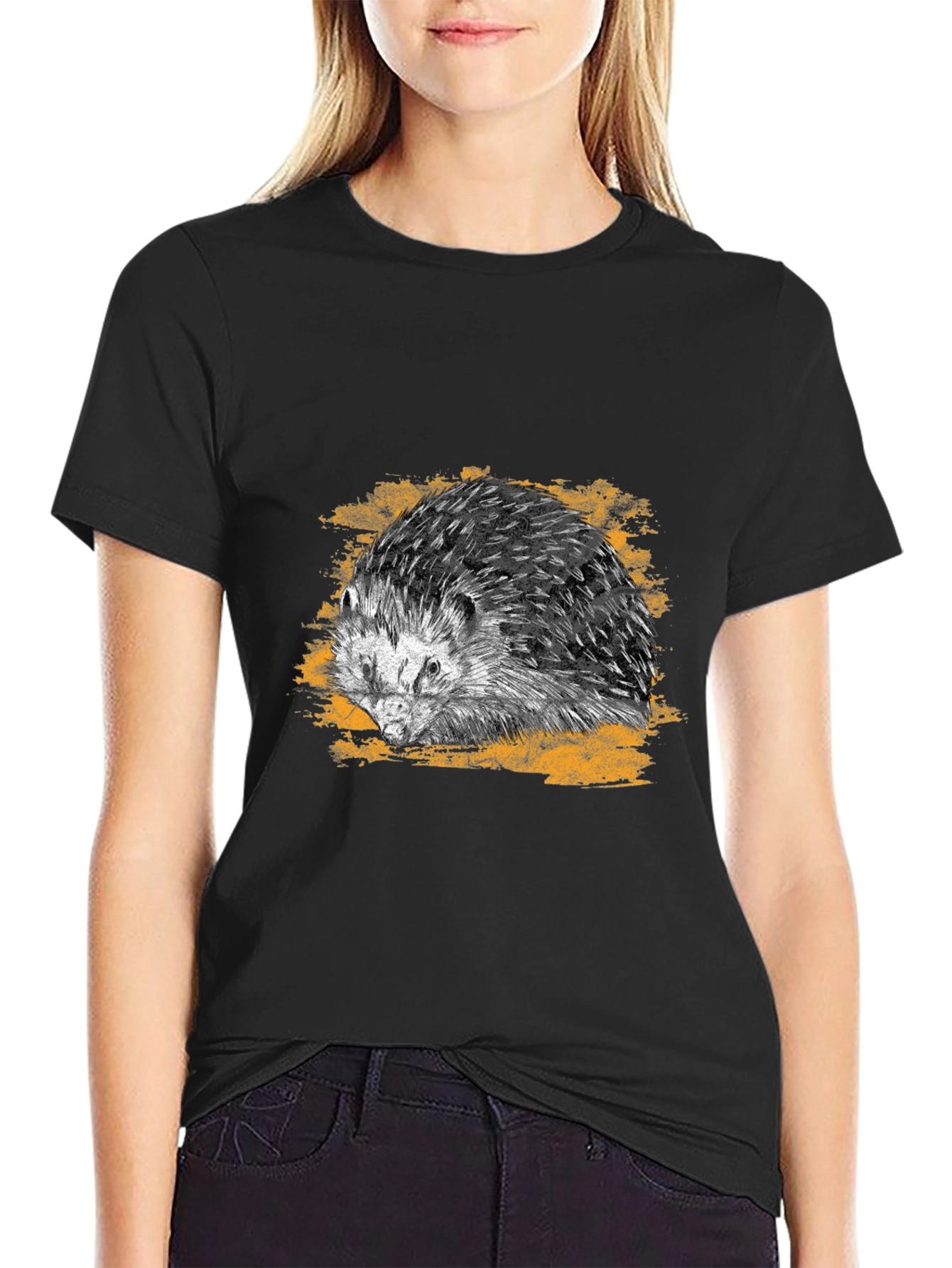 Black Hedgehog Graphic Tee - Cool Animal Print Shirt view 2