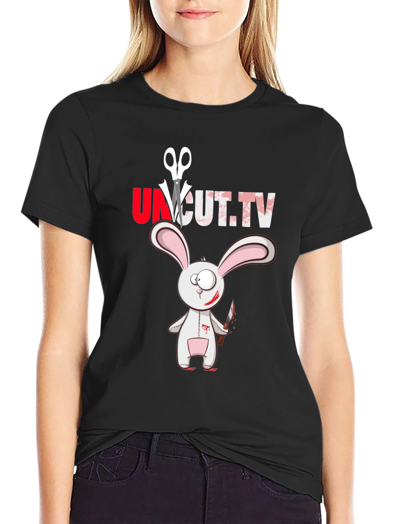 Black Uncut.tv Scary Rabbit T-Shirt view 2
