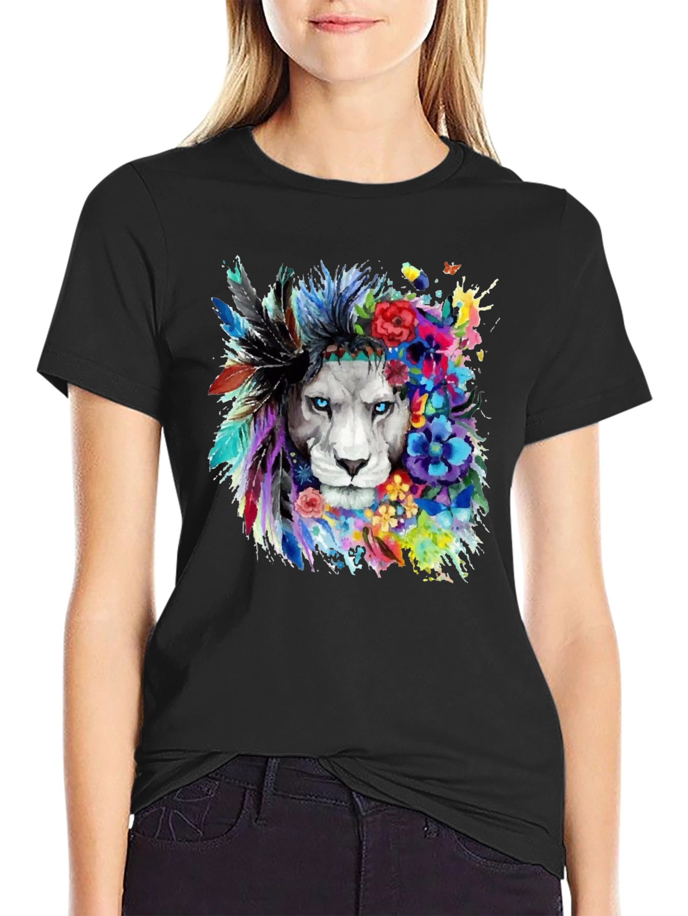 Black Lion Headdress Black T-Shirt - Unique Graphic Tee view 2