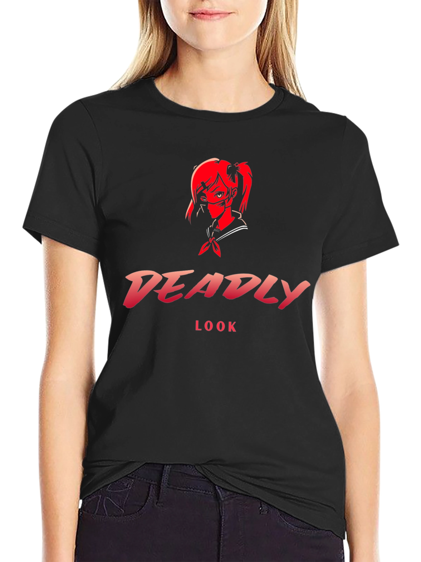Black Deadly Look Graphic Tee - Anime Style T-Shirt view 2