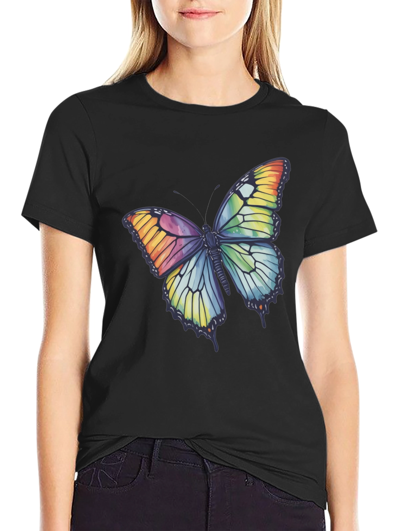 Black Butterfly Graphic Tee - Rainbow Wings T-Shirt view 2