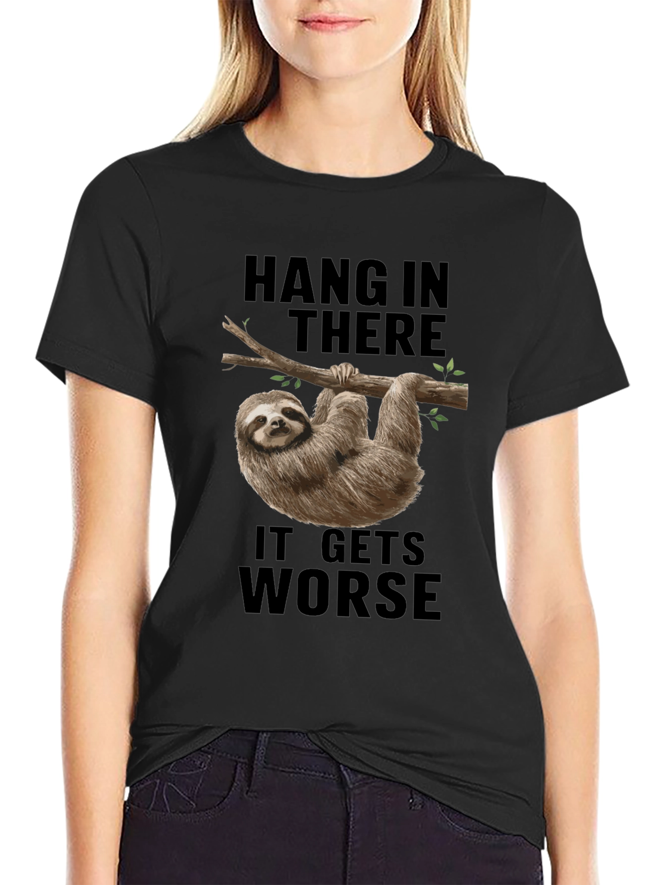 Black Hang In There Sloth Tee - It Gets Worse Funny Graphic T-Shirt view 2