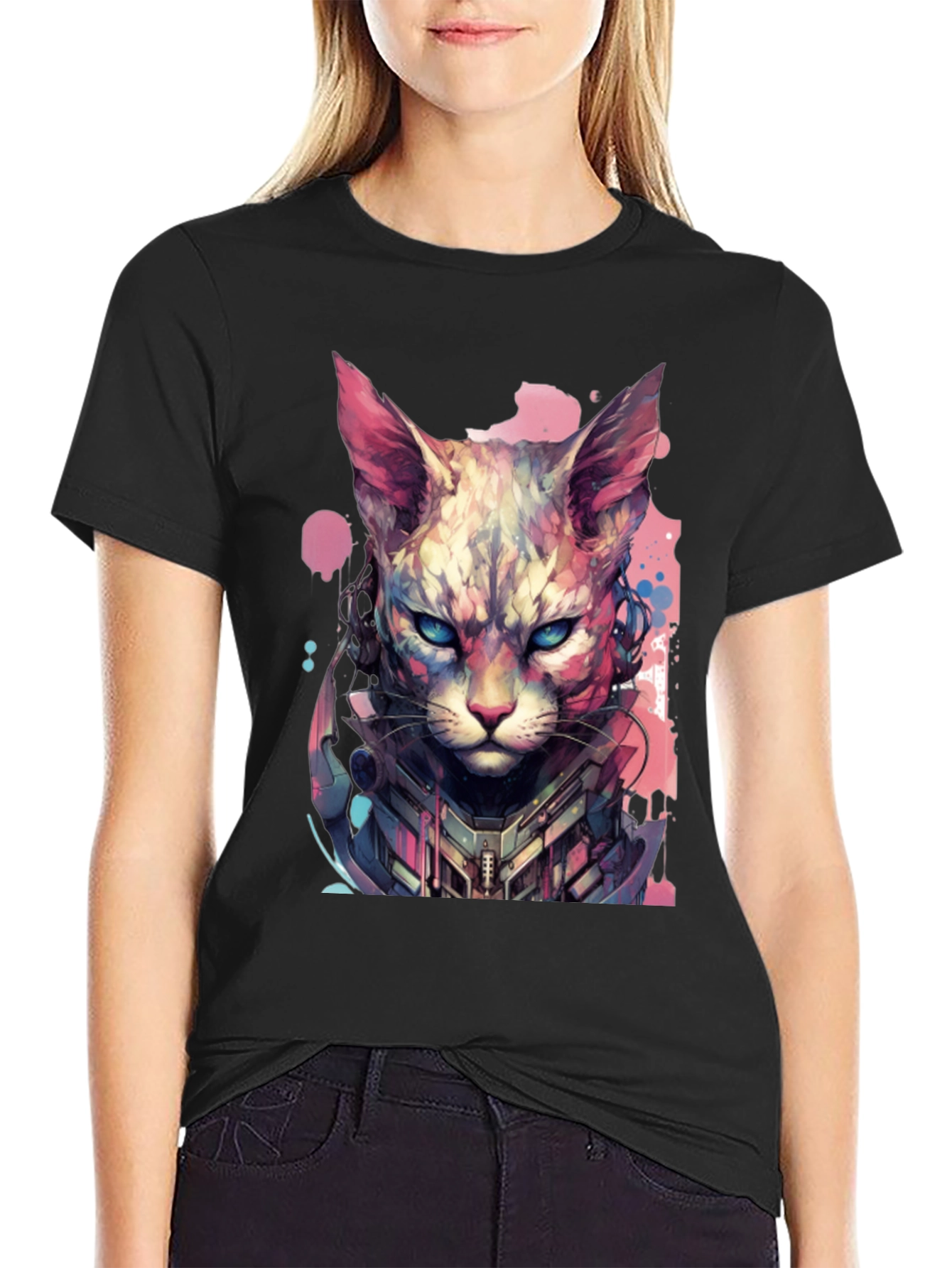 Black Cyberpunk Cat T-Shirt - Unique Graphic Tee view 2