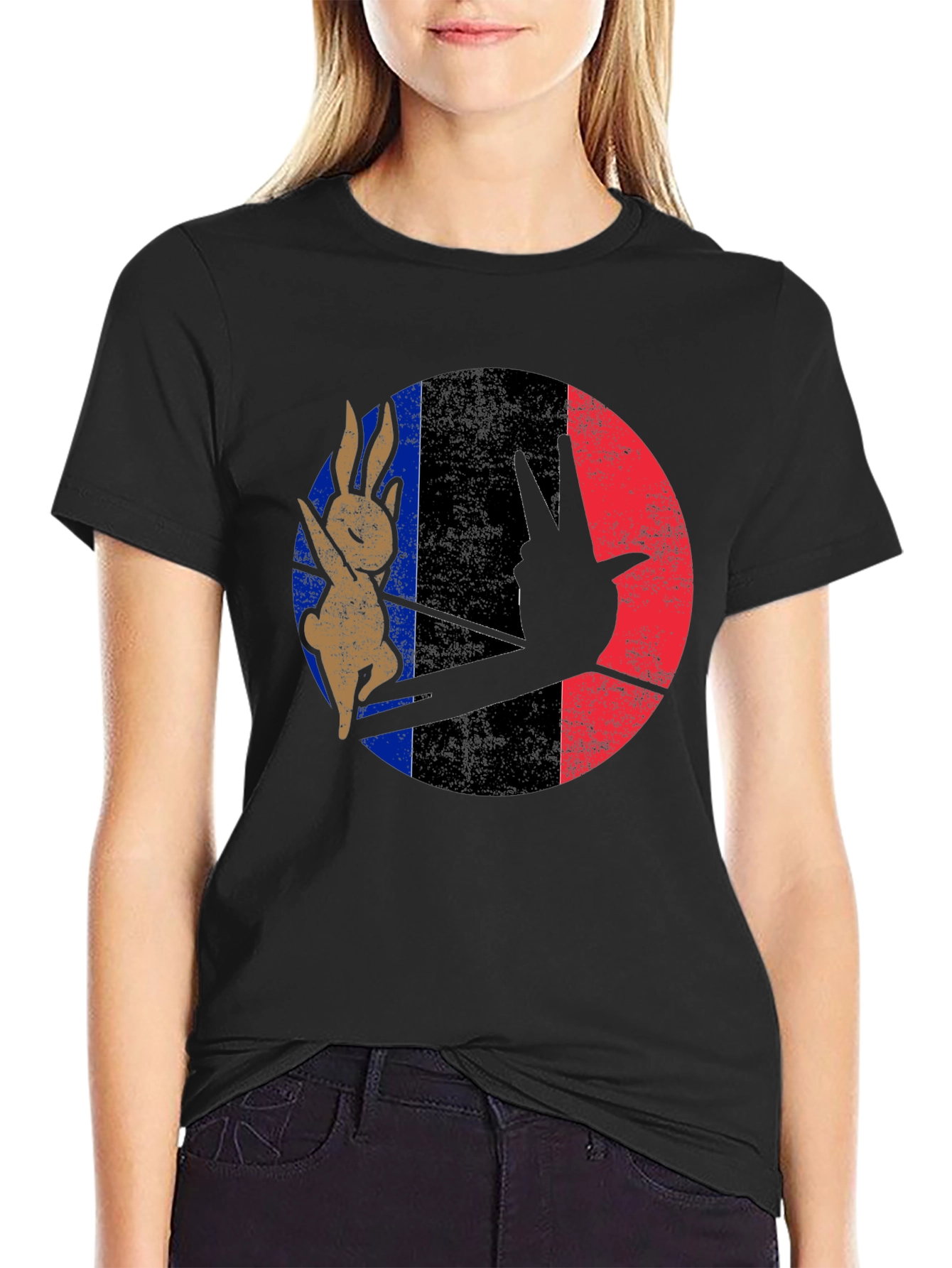 Black Retro Bunny Peace Sign Graphic Tee view 2