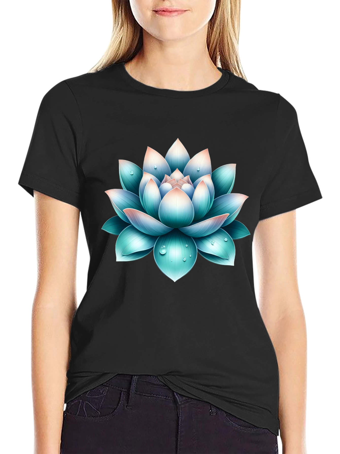 Black Lotus Flower Graphic Print Black T-Shirt view 2