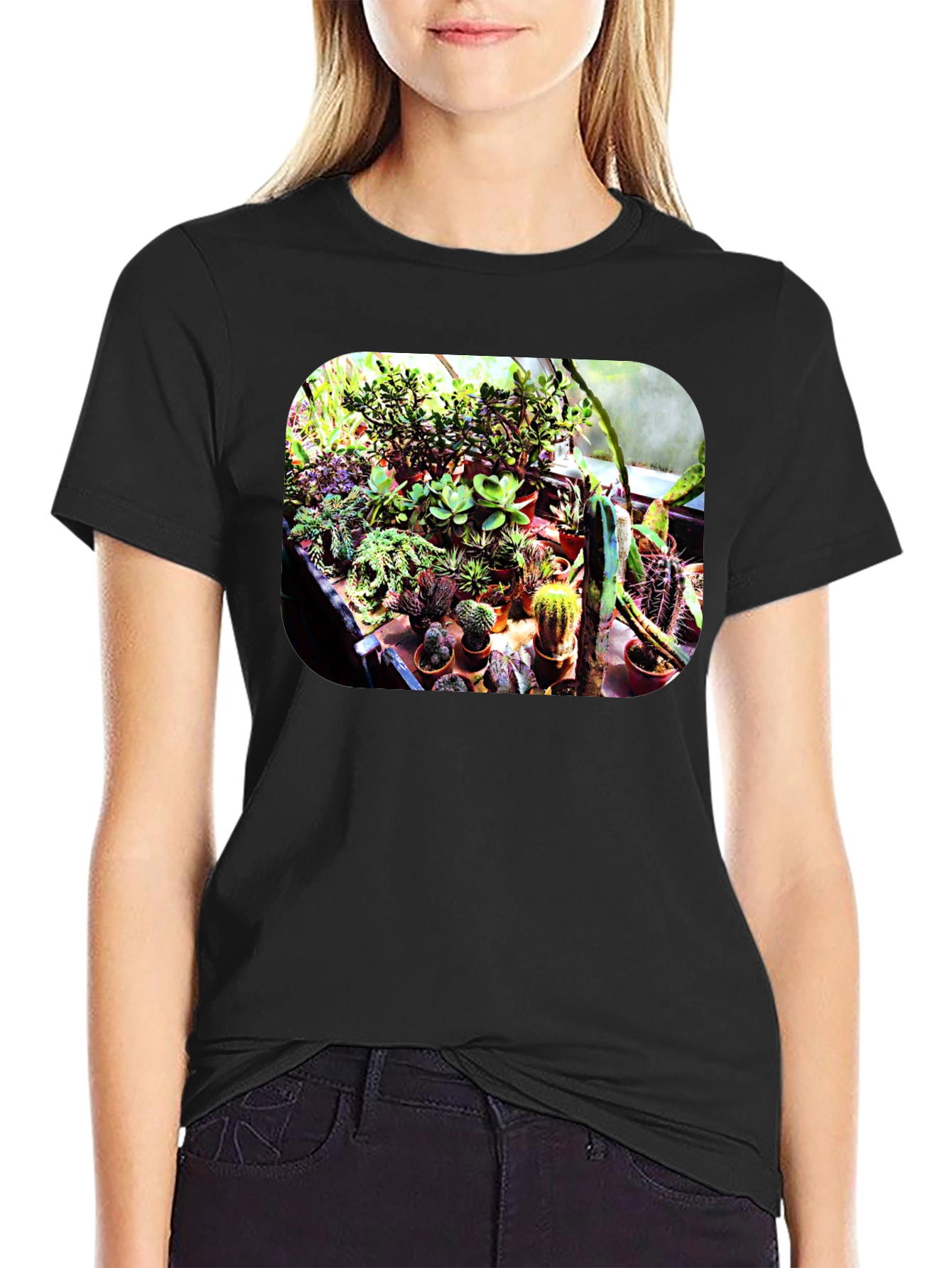 Black Trendy Cactus Garden T-Shirt - Unique Plant Lover Tee view 2