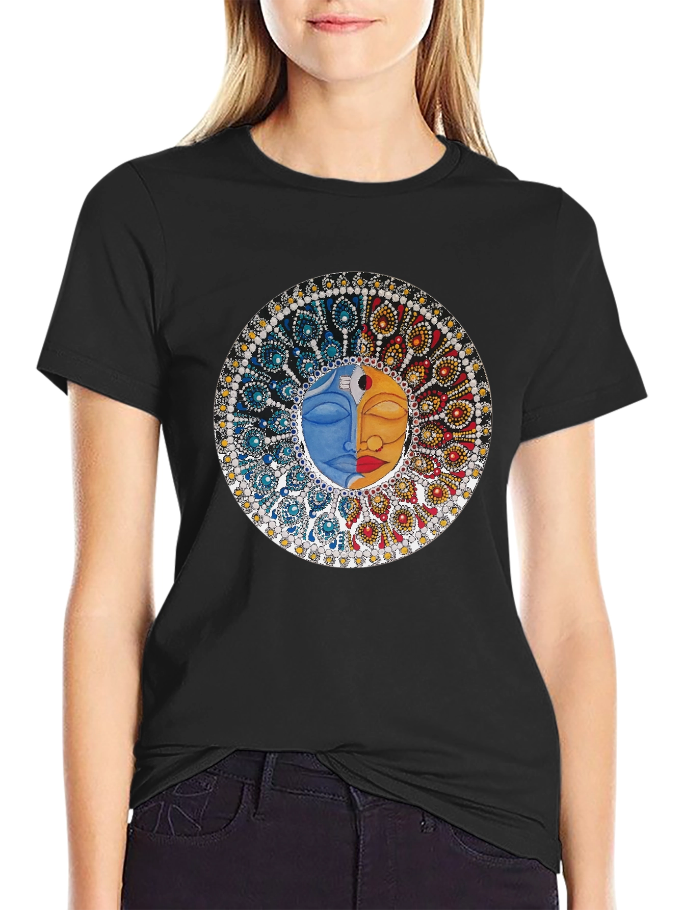 Black Yin Yang Face Graphic Tee - Unisex Black T-Shirt view 2