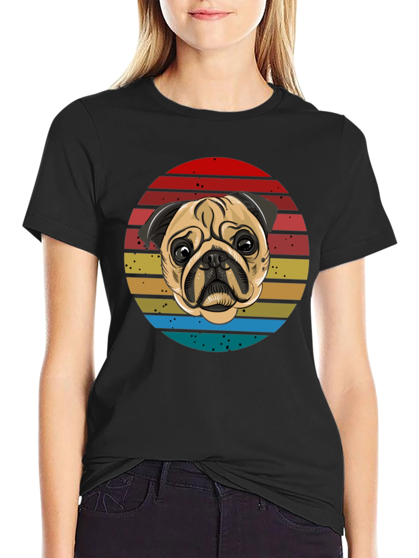 Black Pug Retro T-Shirt, Black Cotton Tee view 2