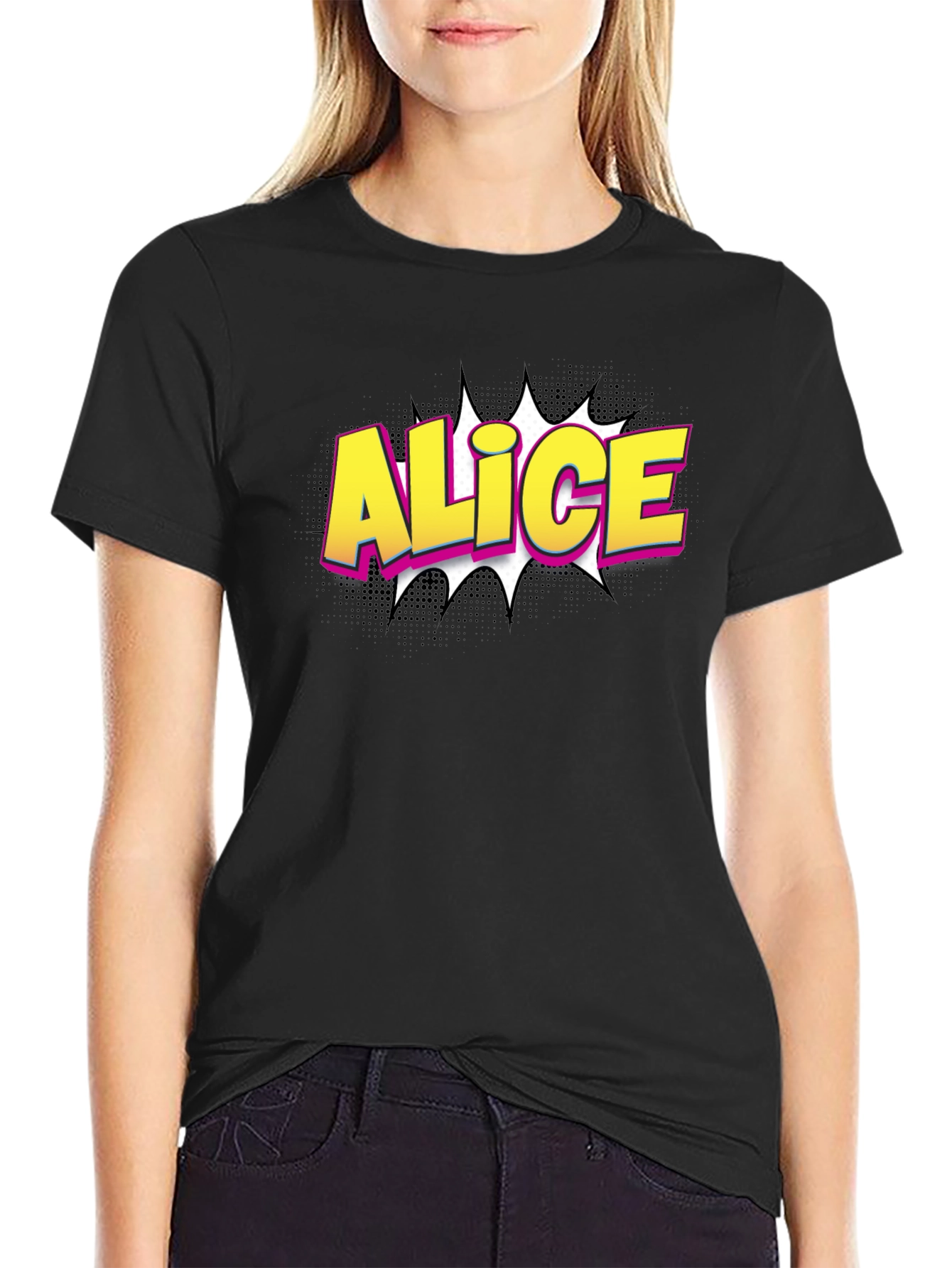 Black Alice Comic Style Graphic T-Shirt view 2
