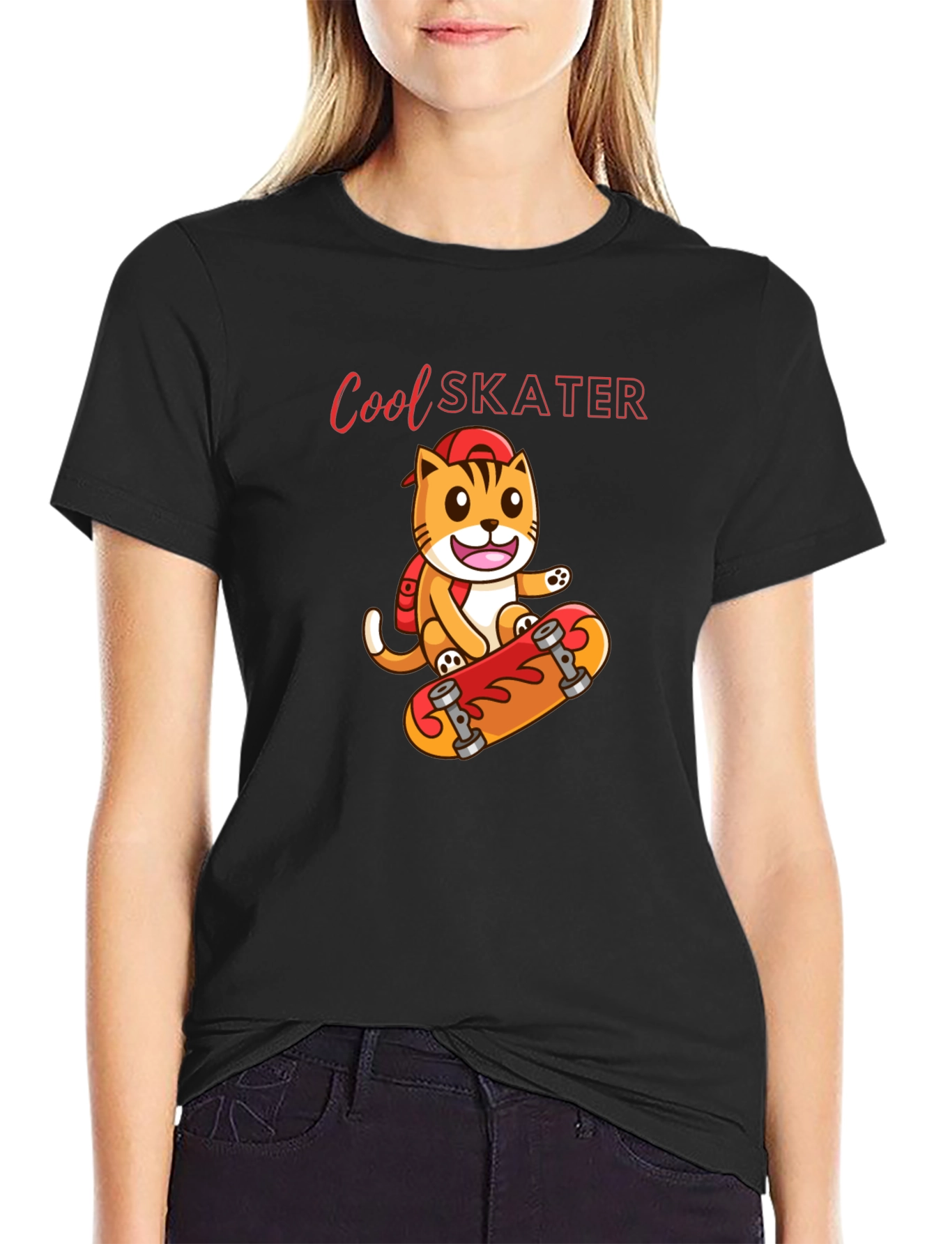 Black Cool Skater Cat Graphic Tee - Black Cotton T-Shirt view 2